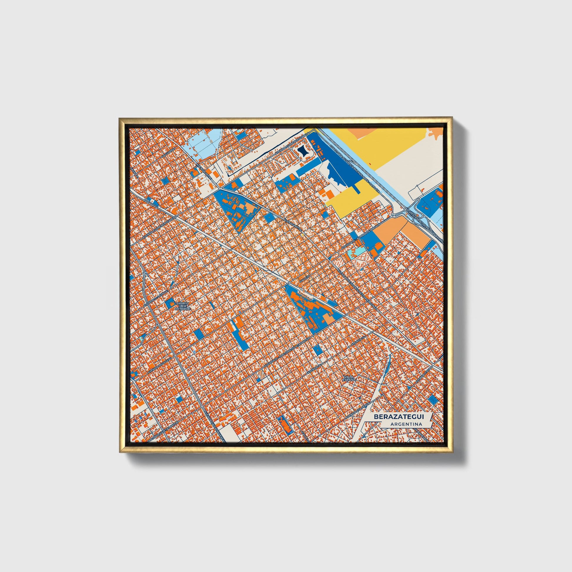 Berazategui Argentina Colorful City Map Canvas Print • Gold Framed