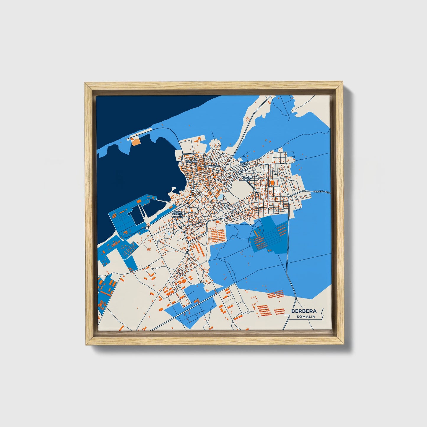 Berbera Somalia Colorful City Map Canvas Print • Natural Wooden Framed