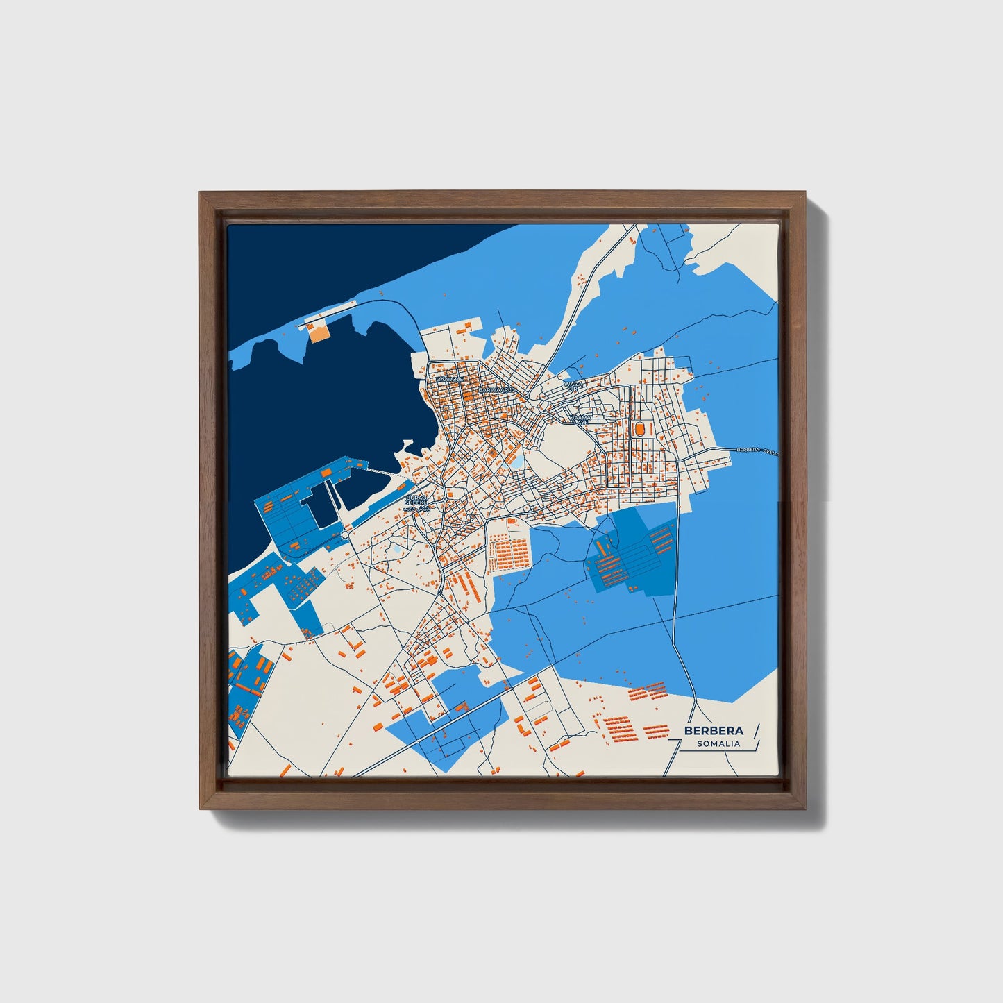 Berbera Somalia Colorful City Map Canvas Print • Dark Wooden Framed