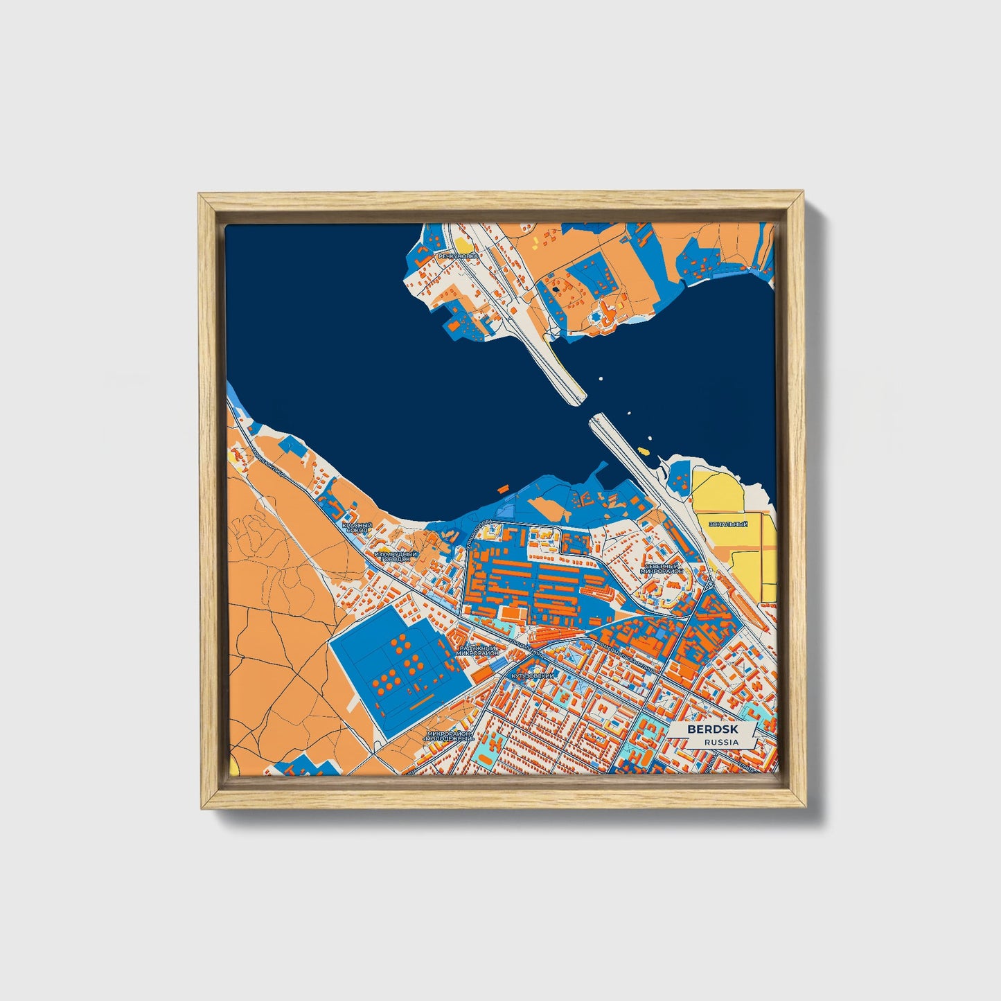Бердск Russia Colorful City Map Canvas Print • Natural Wooden Framed