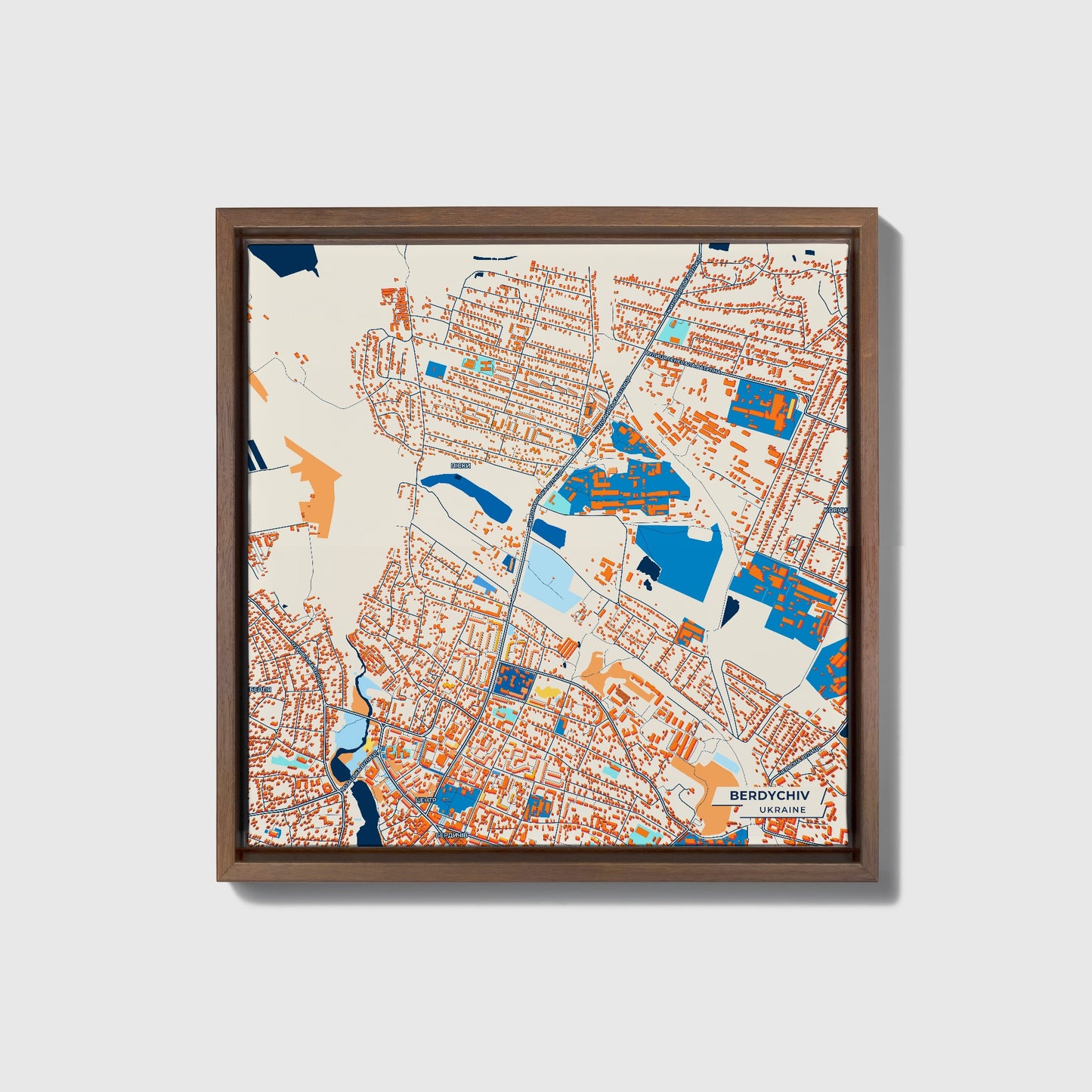 Бердичів Ukraine Colorful City Map Canvas Print • Dark Wooden Framed
