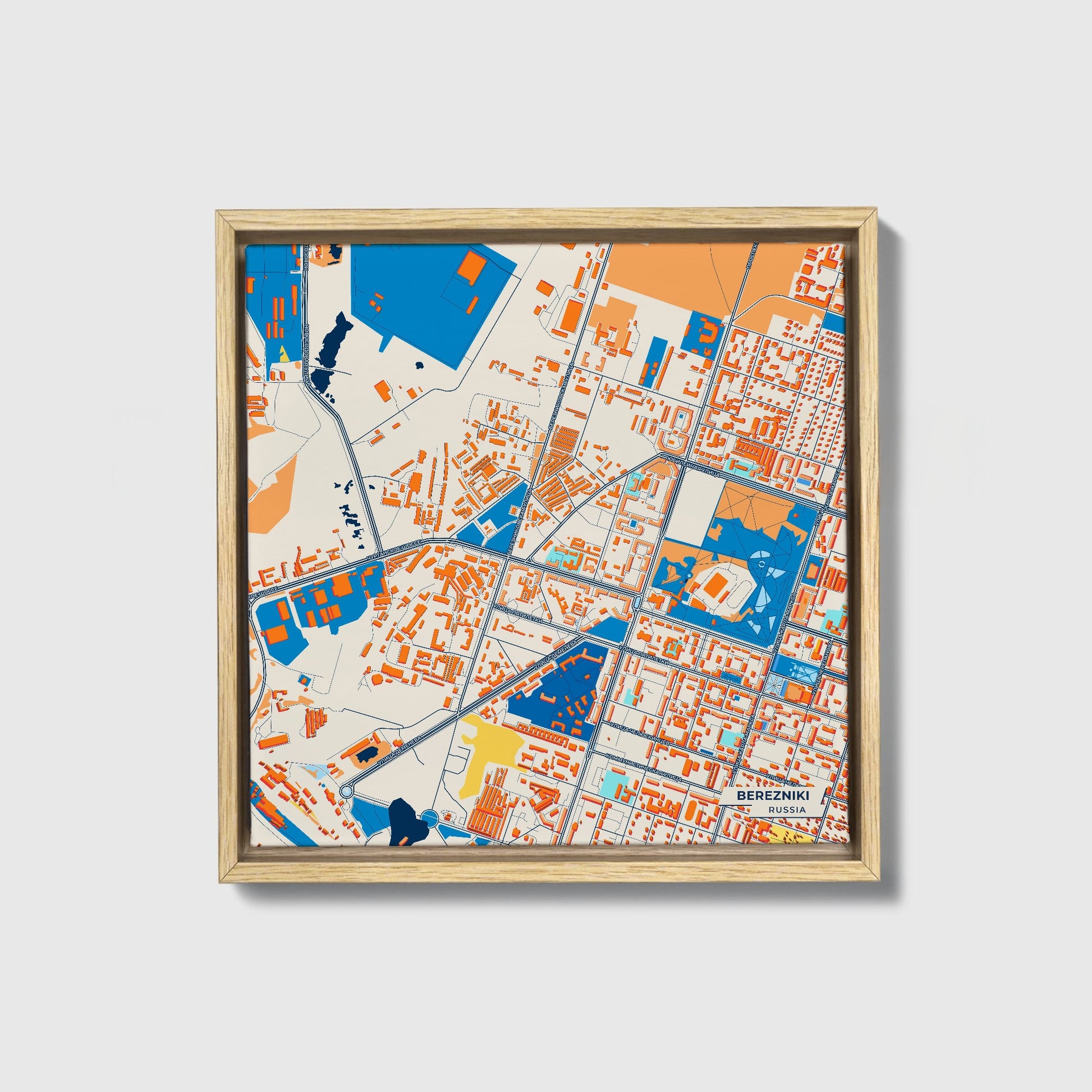 Березники Russia Colorful City Map Canvas Print • Natural Wooden Framed