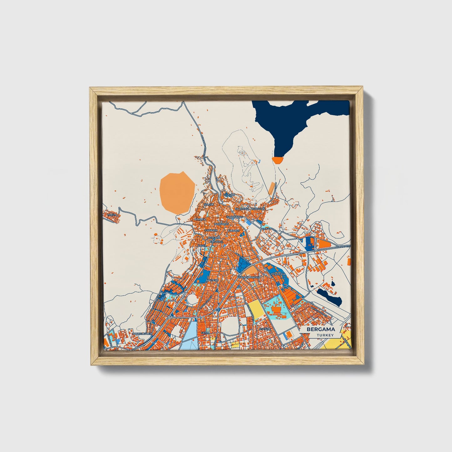 Bergama Turkey Colorful City Map Canvas Print • Natural Wooden Framed