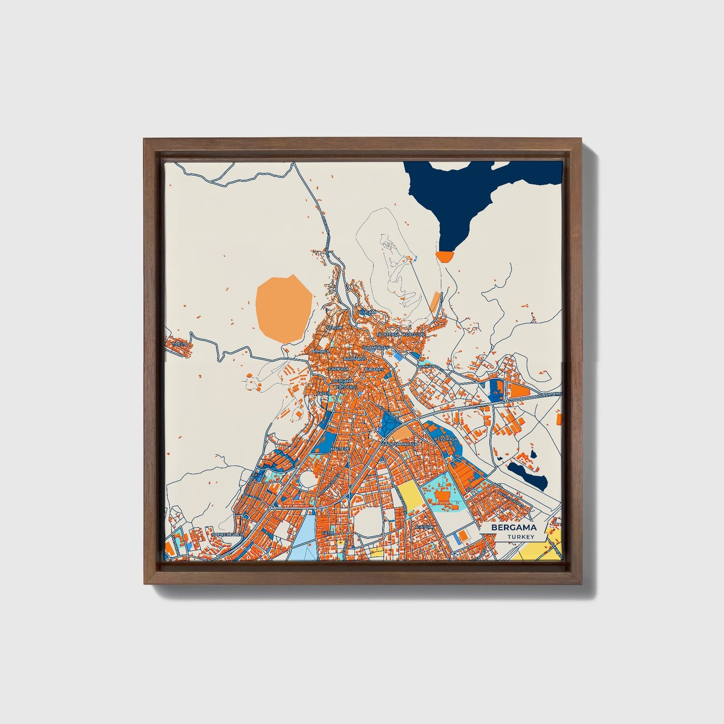 Bergama Turkey Colorful City Map Canvas Print • Dark Wooden Framed