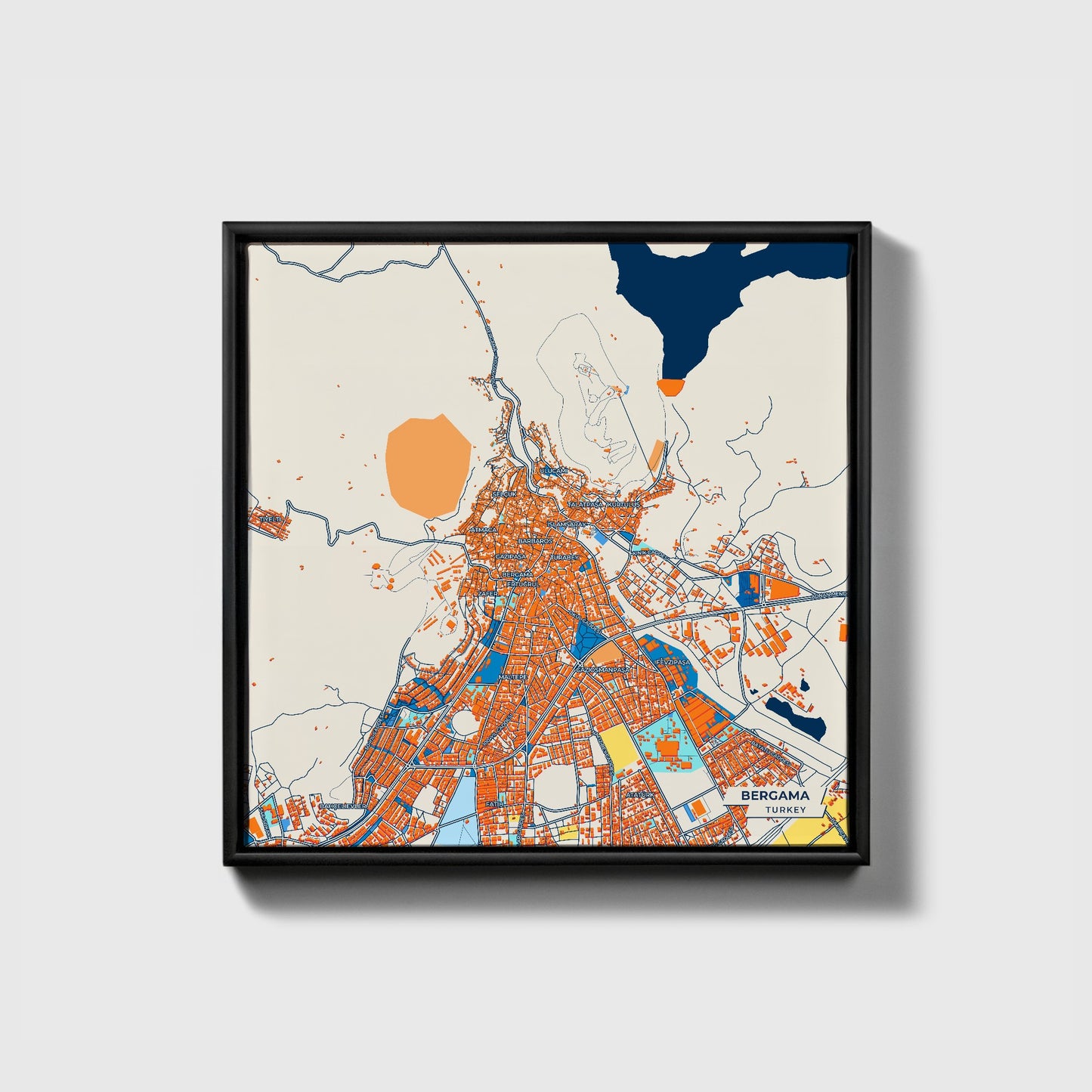 Bergama Turkey Colorful City Map Canvas Print • Black Framed