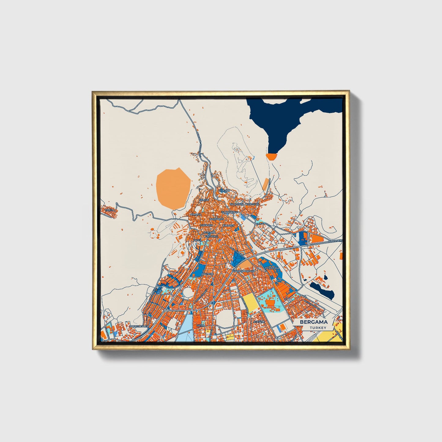 Bergama Turkey Colorful City Map Canvas Print • Gold Framed