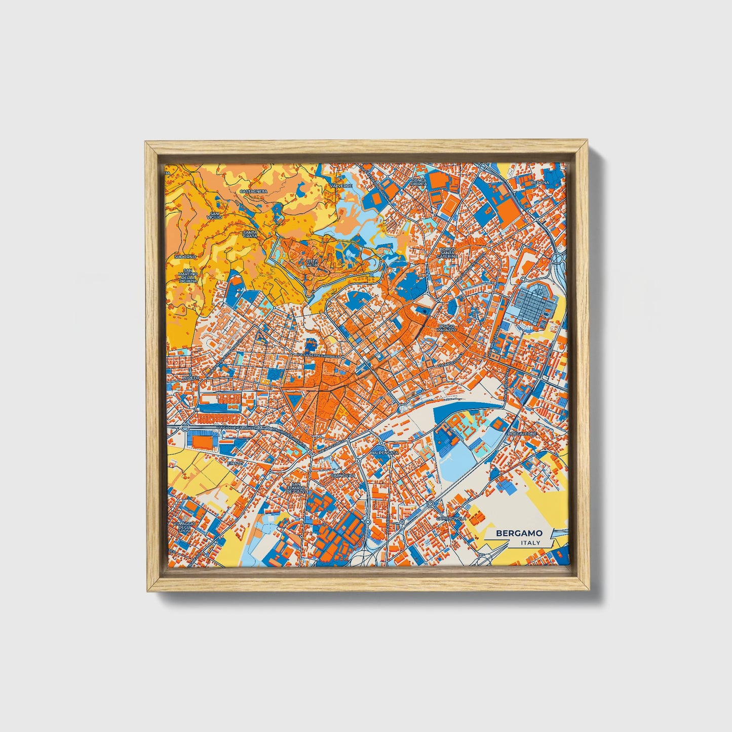 Bergamo Italy Colorful City Map Canvas Print • Natural Wooden Framed