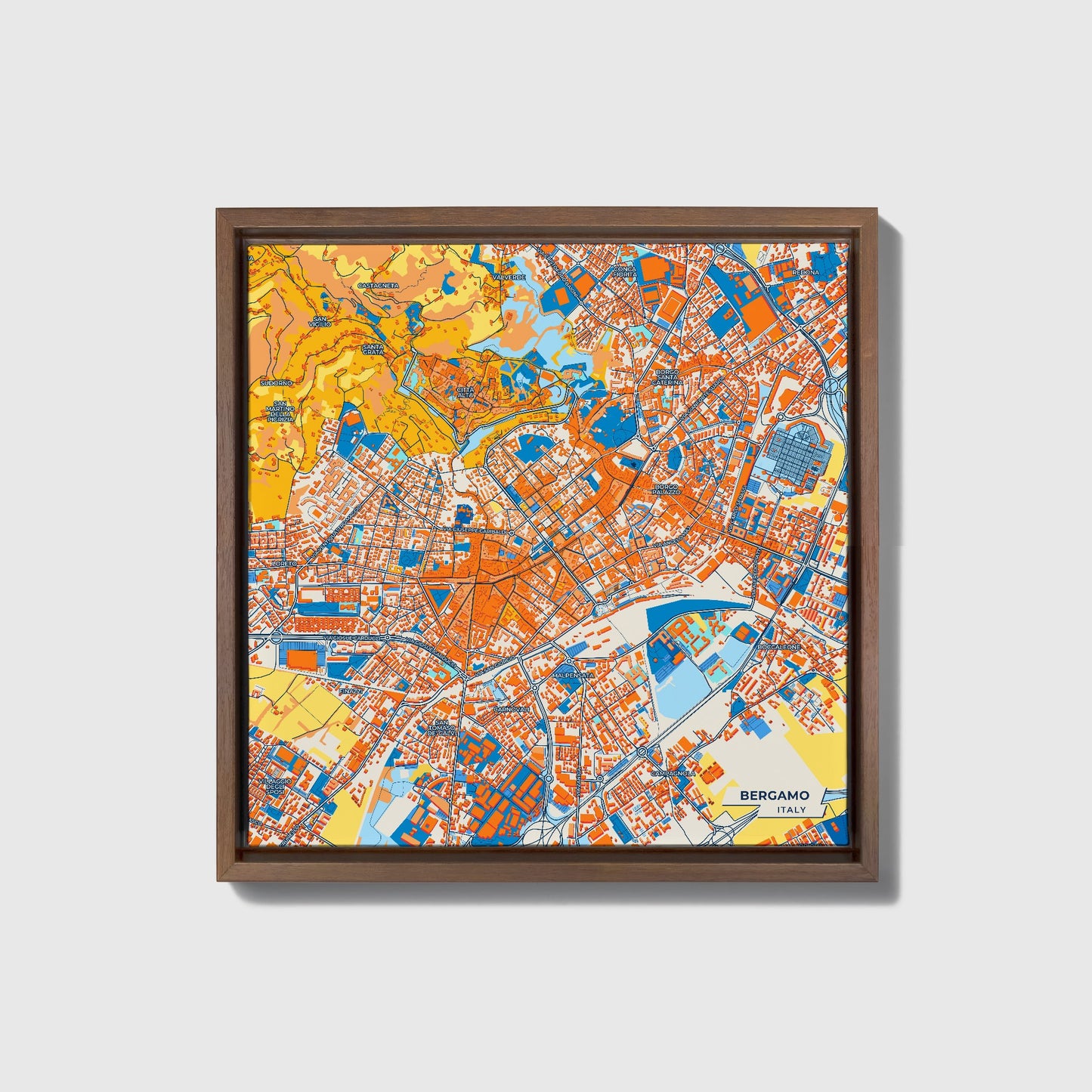 Bergamo Italy Colorful City Map Canvas Print • Dark Wooden Framed