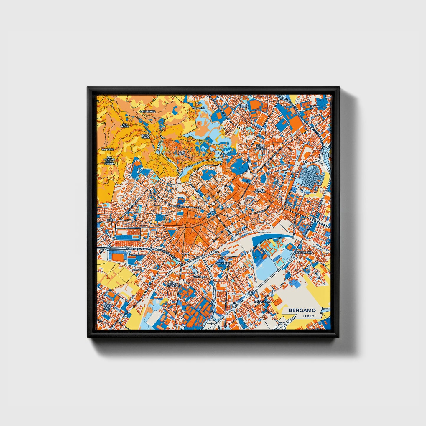 Bergamo Italy Colorful City Map Canvas Print • Black Framed