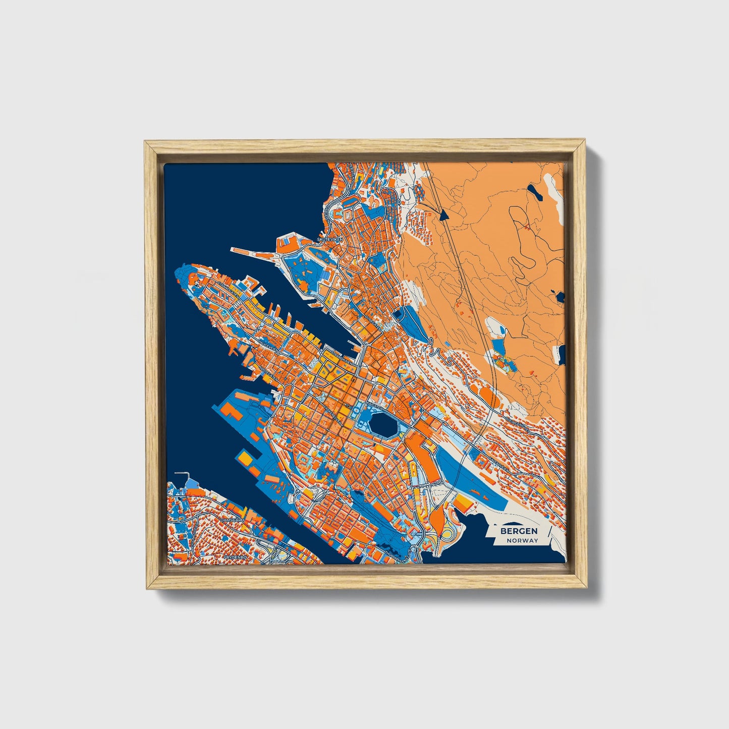 Bergen Norway Colorful City Map Canvas Print • Natural Wooden Framed