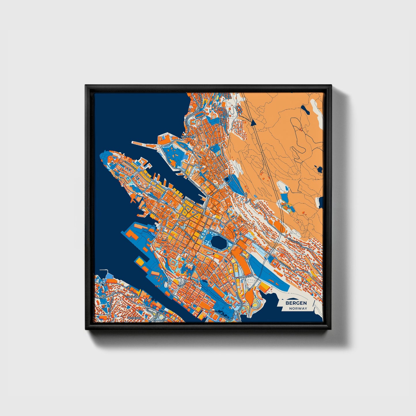 Bergen Norway Colorful City Map Canvas Print • Black Framed