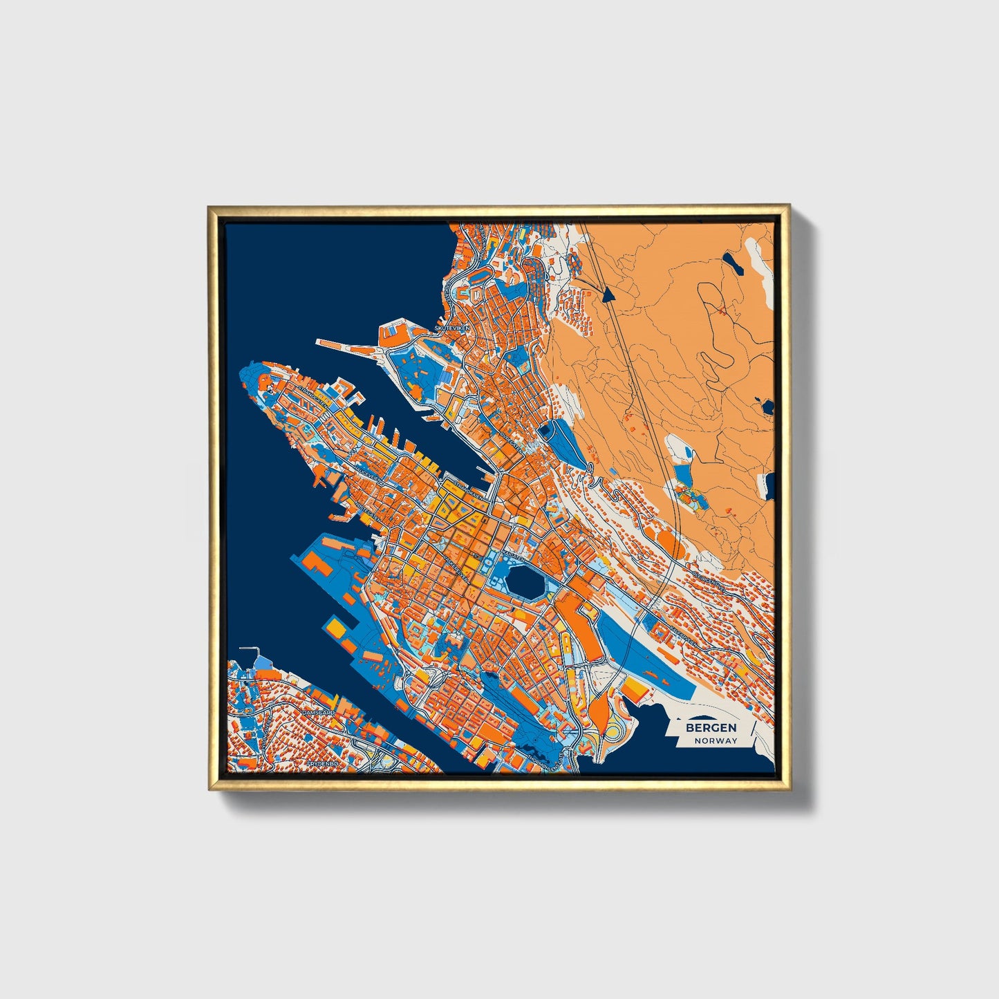 Bergen Norway Colorful City Map Canvas Print • Gold Framed