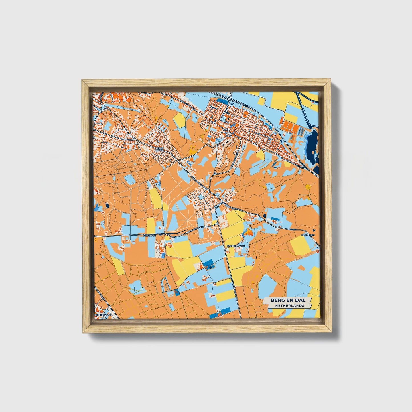 Bergendal Netherlands Colorful City Map Canvas Print • Natural Wooden Framed