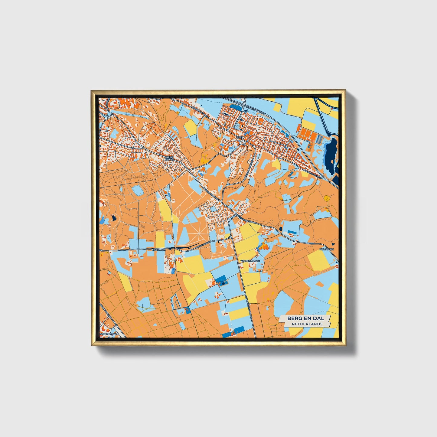 Bergendal Netherlands Colorful City Map Canvas Print • Gold Framed