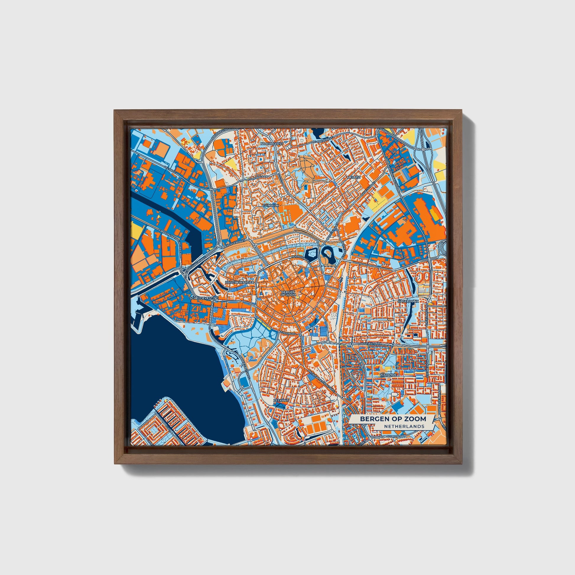 Bergenopzoom Netherlands Colorful City Map Canvas Print • Dark Wooden Framed