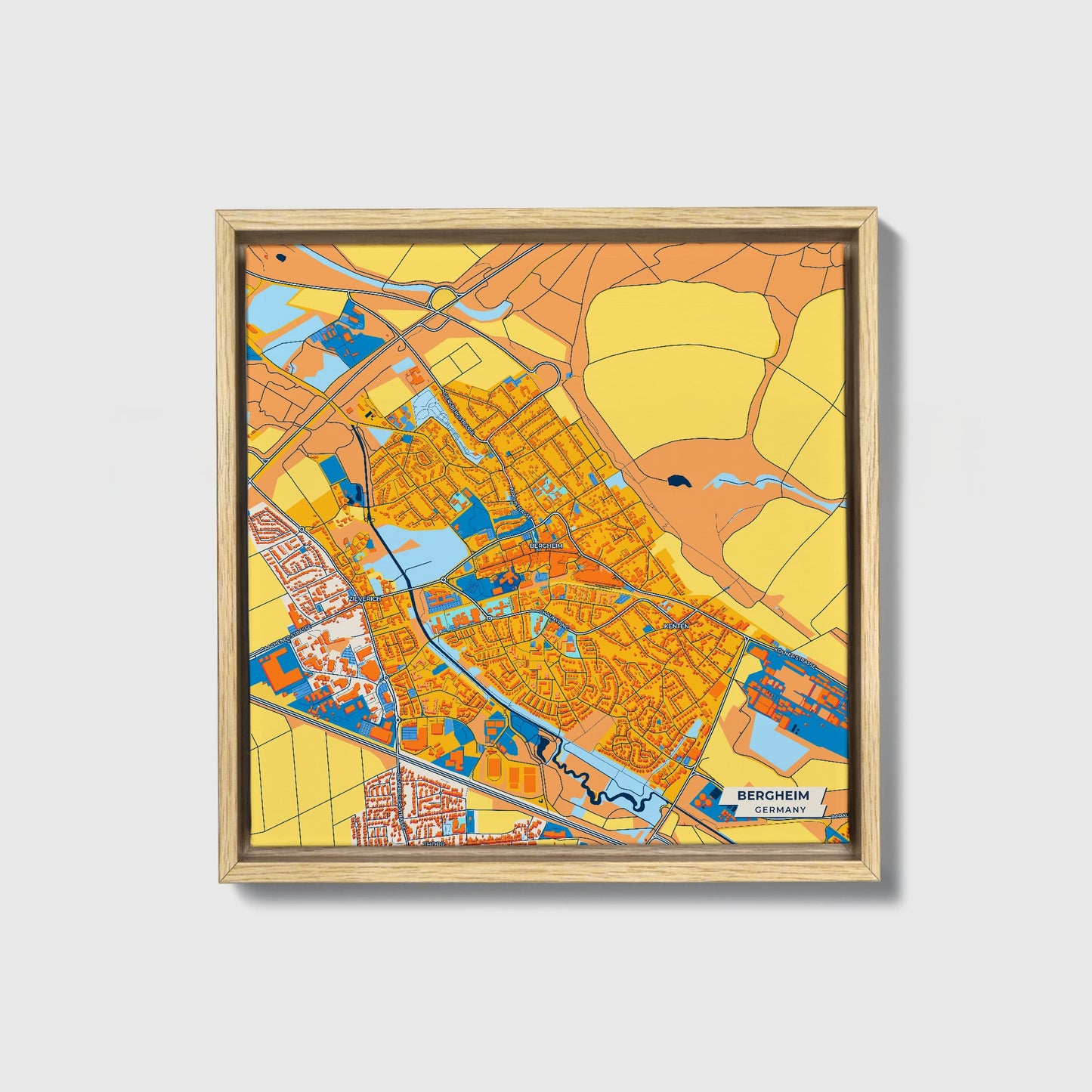 Bergheim Germany Colorful City Map Canvas Print • Natural Wooden Framed