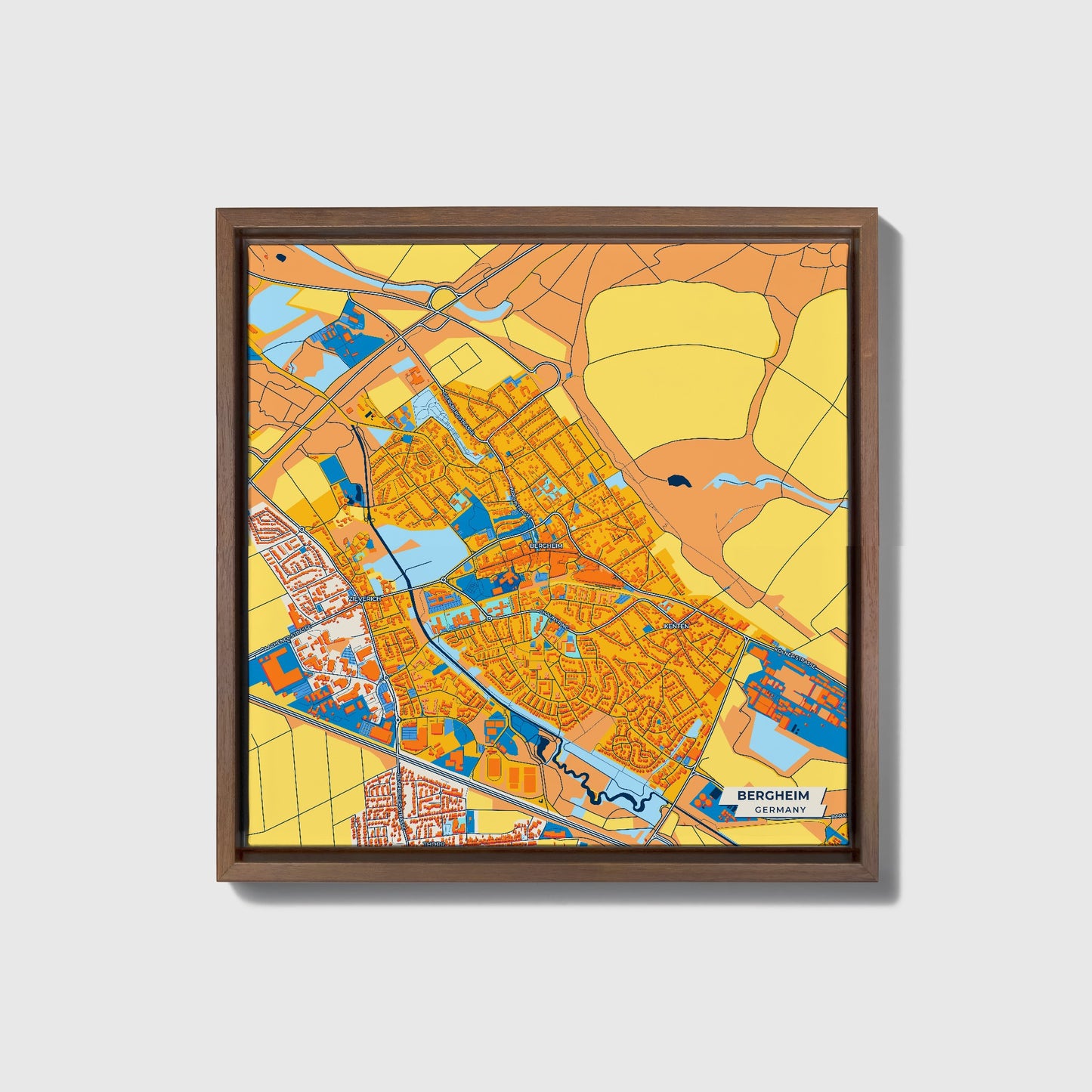 Bergheim Germany Colorful City Map Canvas Print • Dark Wooden Framed