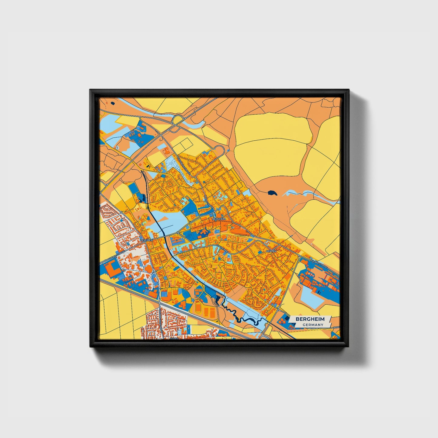 Bergheim Germany Colorful City Map Canvas Print • Black Framed