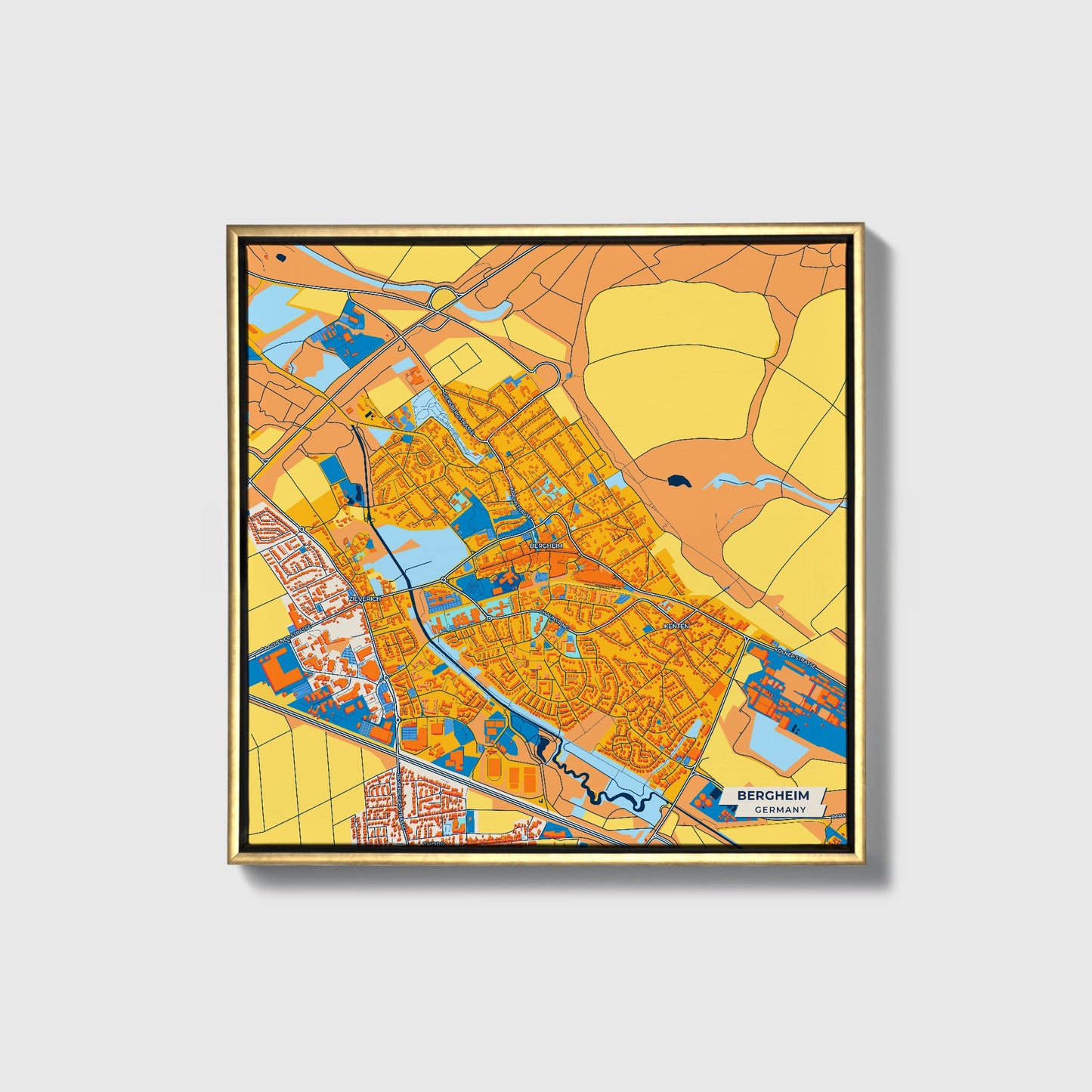 Bergheim Germany Colorful City Map Canvas Print • Gold Framed