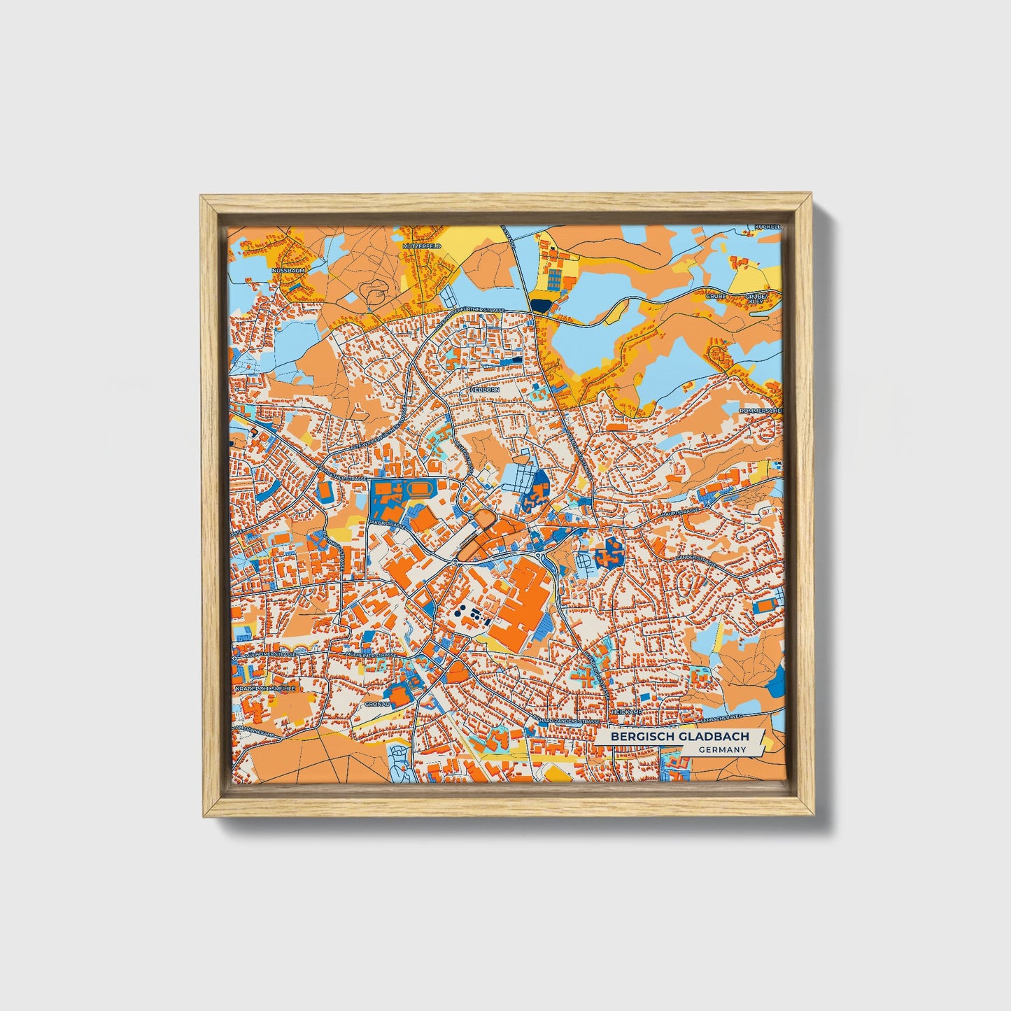 Bergisch Gladbach Germany Colorful City Map Canvas Print • Natural Wooden Framed