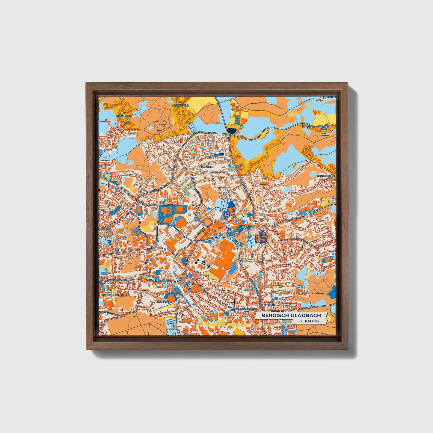 Bergisch Gladbach Germany Colorful City Map Canvas Print • Dark Wooden Framed