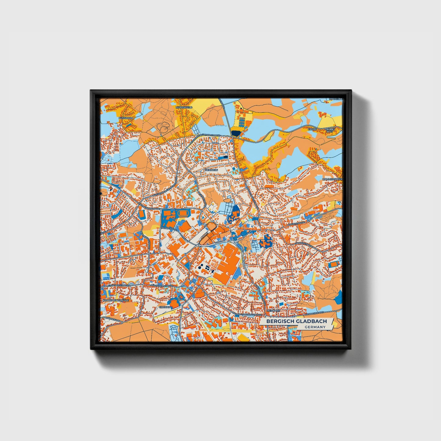 Bergisch Gladbach Germany Colorful City Map Canvas Print • Black Framed