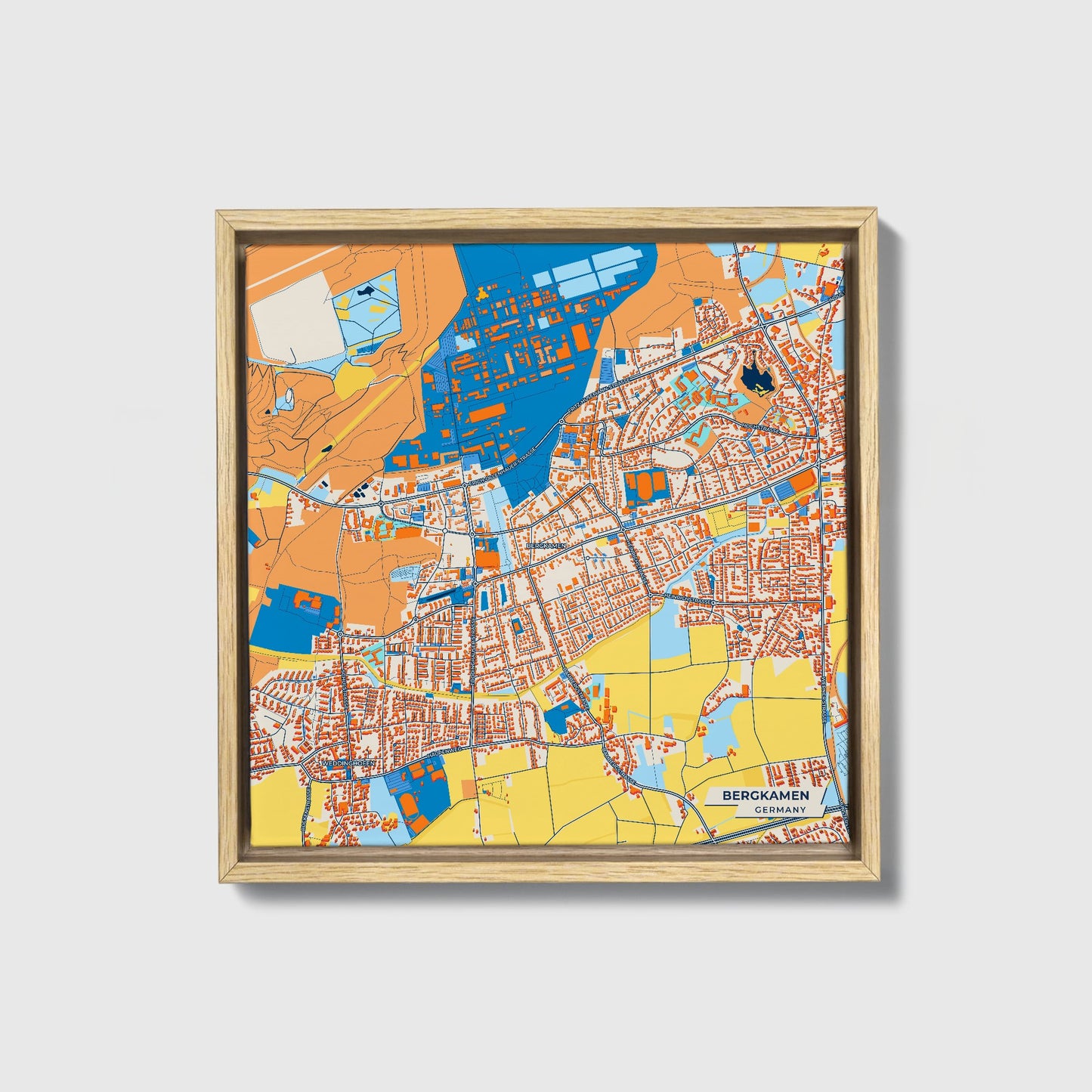 Bergkamen Germany Colorful City Map Canvas Print • Natural Wooden Framed