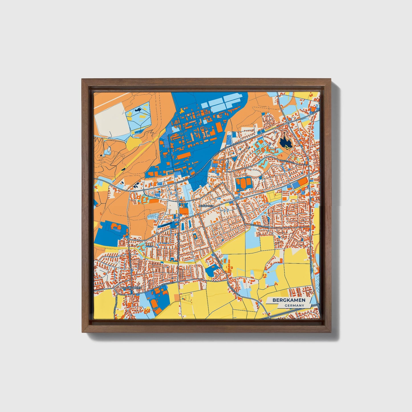 Bergkamen Germany Colorful City Map Canvas Print • Dark Wooden Framed