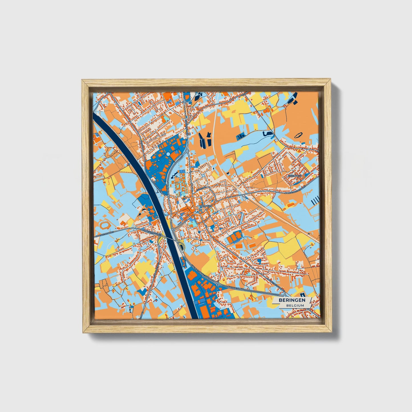 Beringen Belgium Colorful City Map Canvas Print • Natural Wooden Framed