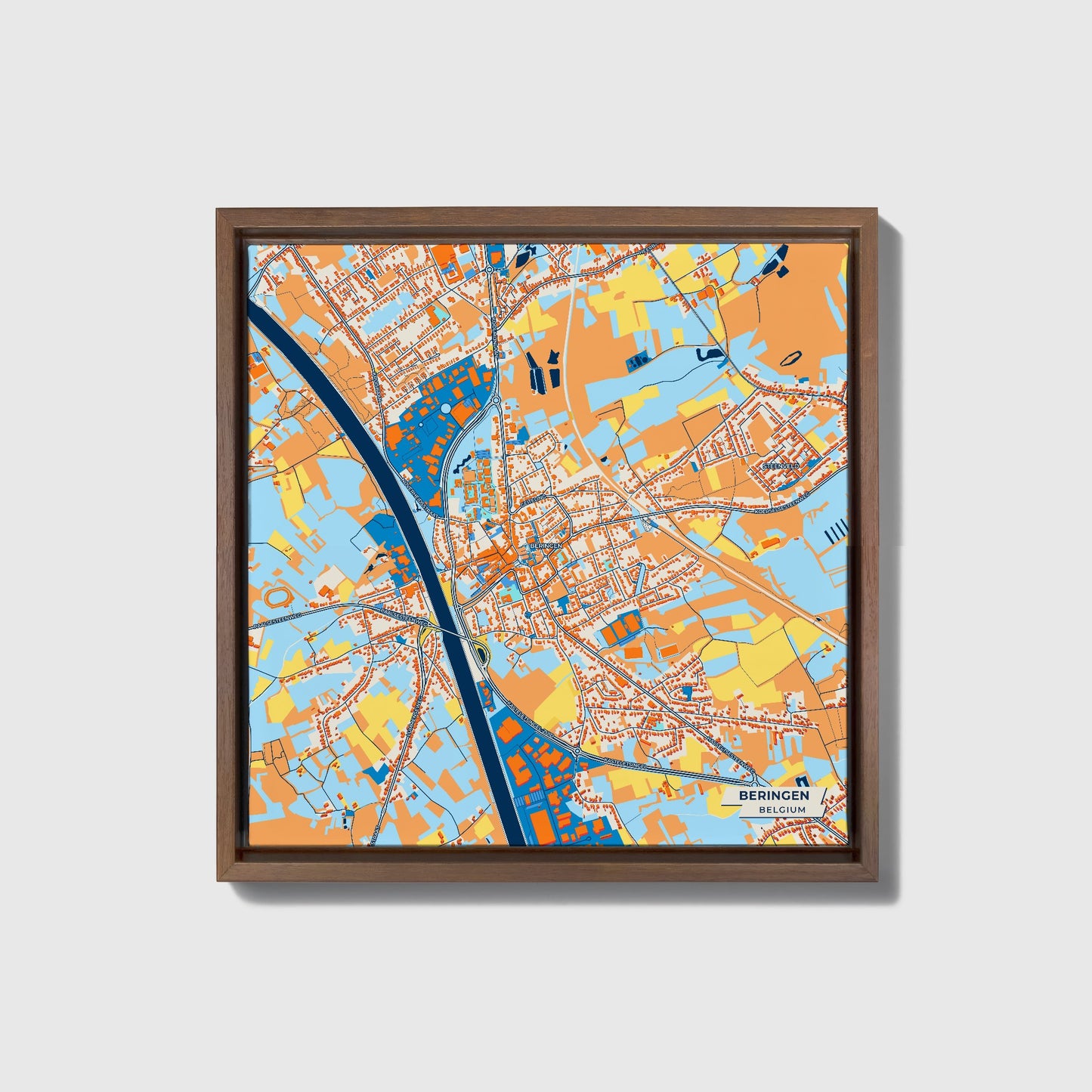 Beringen Belgium Colorful City Map Canvas Print • Dark Wooden Framed