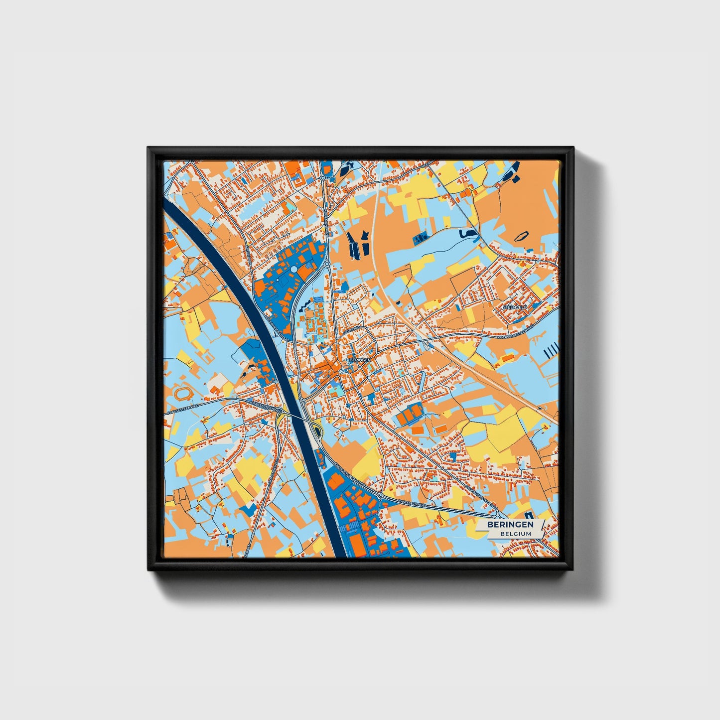 Beringen Belgium Colorful City Map Canvas Print • Black Framed