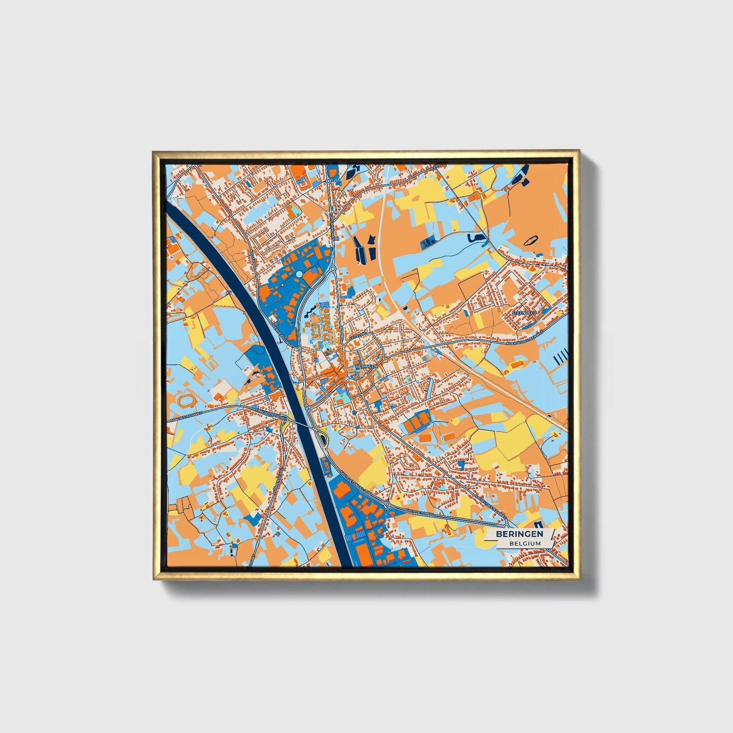 Beringen Belgium Colorful City Map Canvas Print • Gold Framed