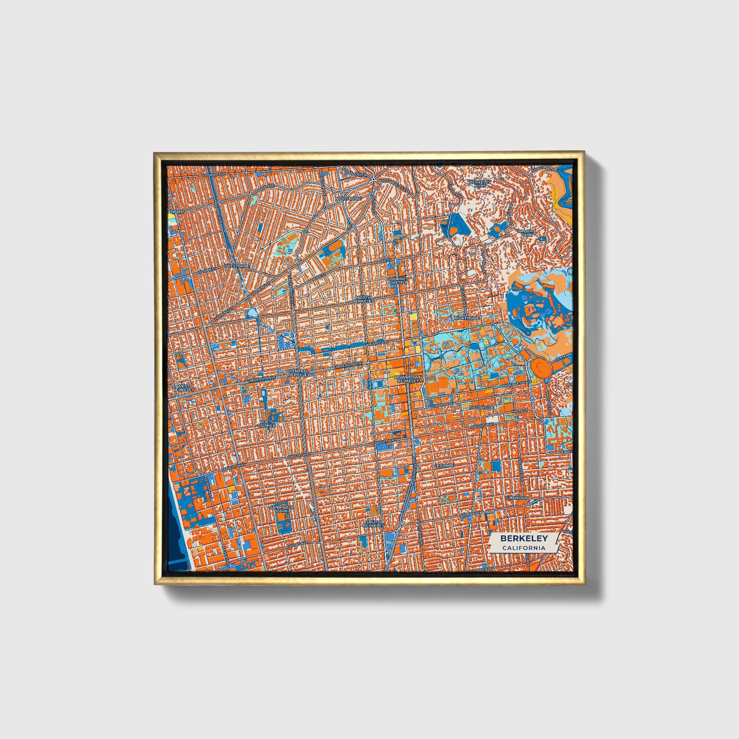Berkeley California Colorful City Map Canvas Print • Gold Framed