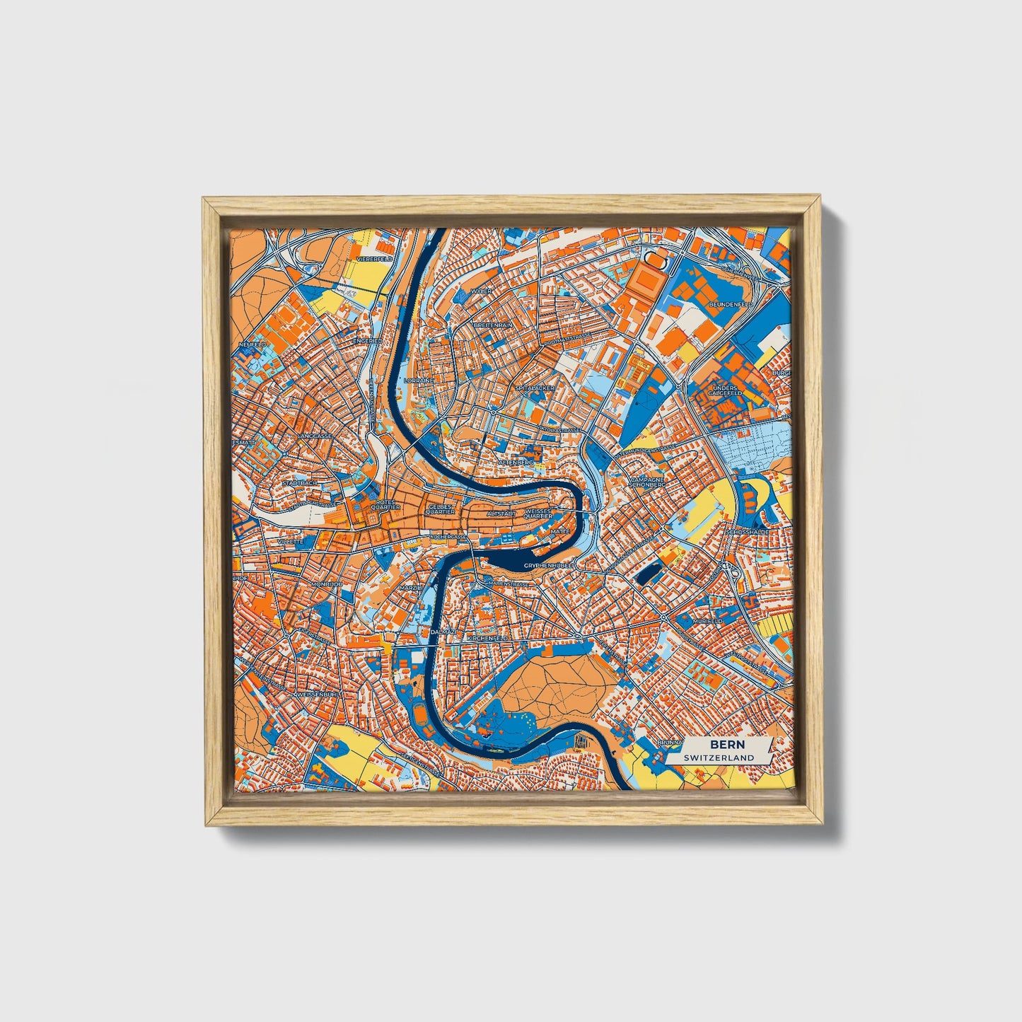 Bern Switzerland Colorful City Map Canvas Print • Natural Wooden Framed