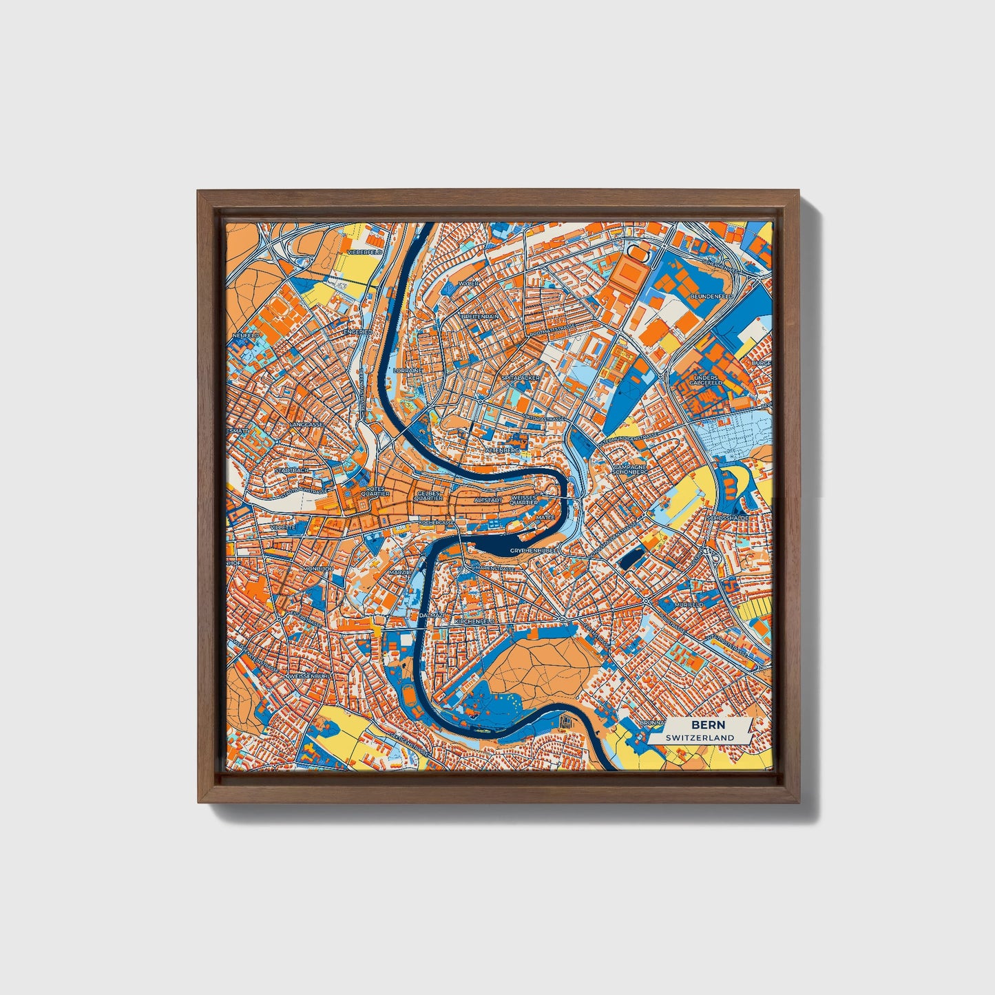 Bern Switzerland Colorful City Map Canvas Print • Dark Wooden Framed