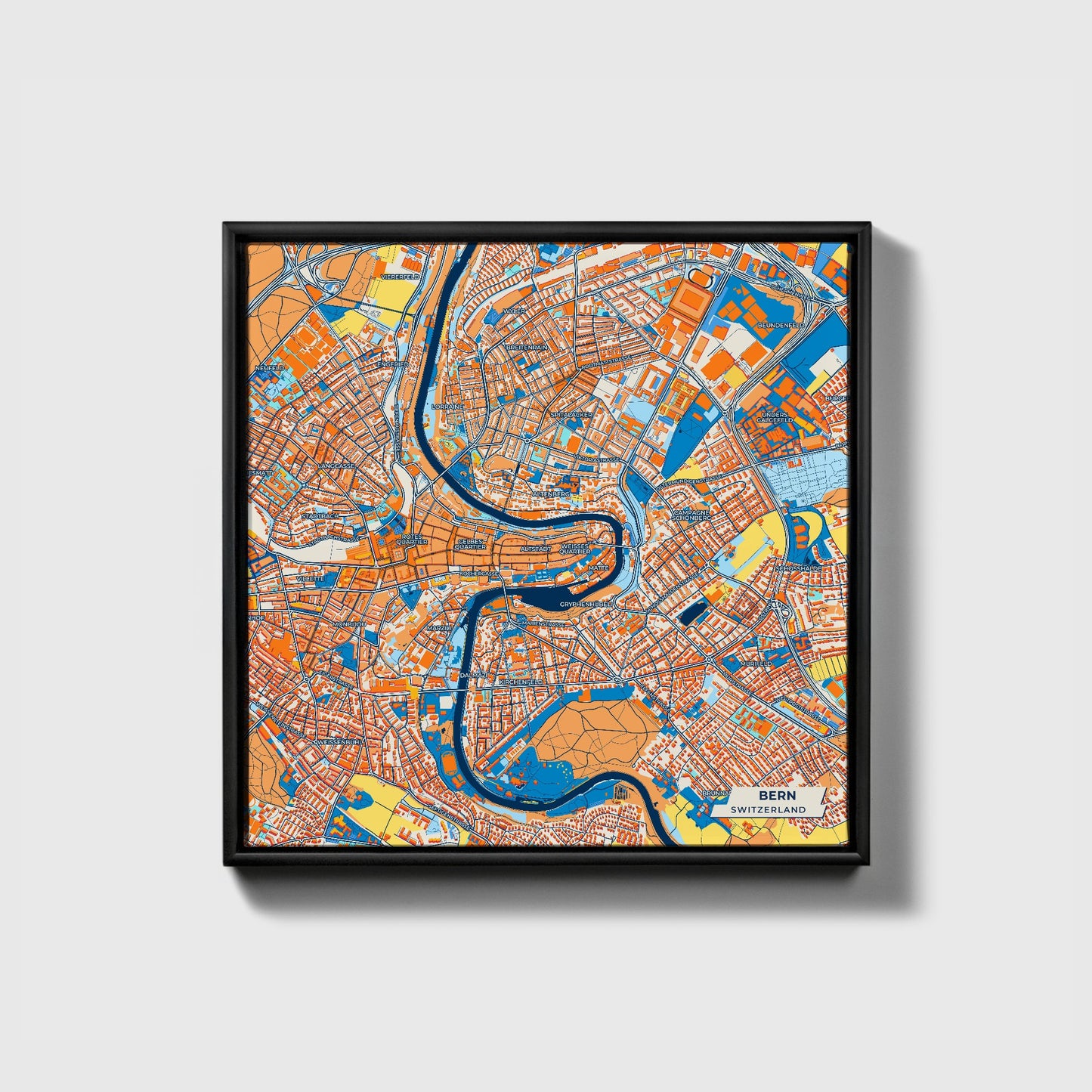 Bern Switzerland Colorful City Map Canvas Print • Black Framed