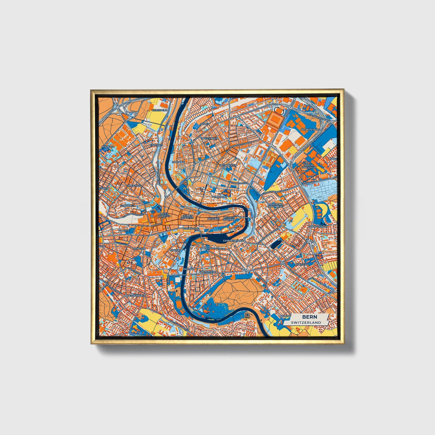 Bern Switzerland Colorful City Map Canvas Print • Gold Framed