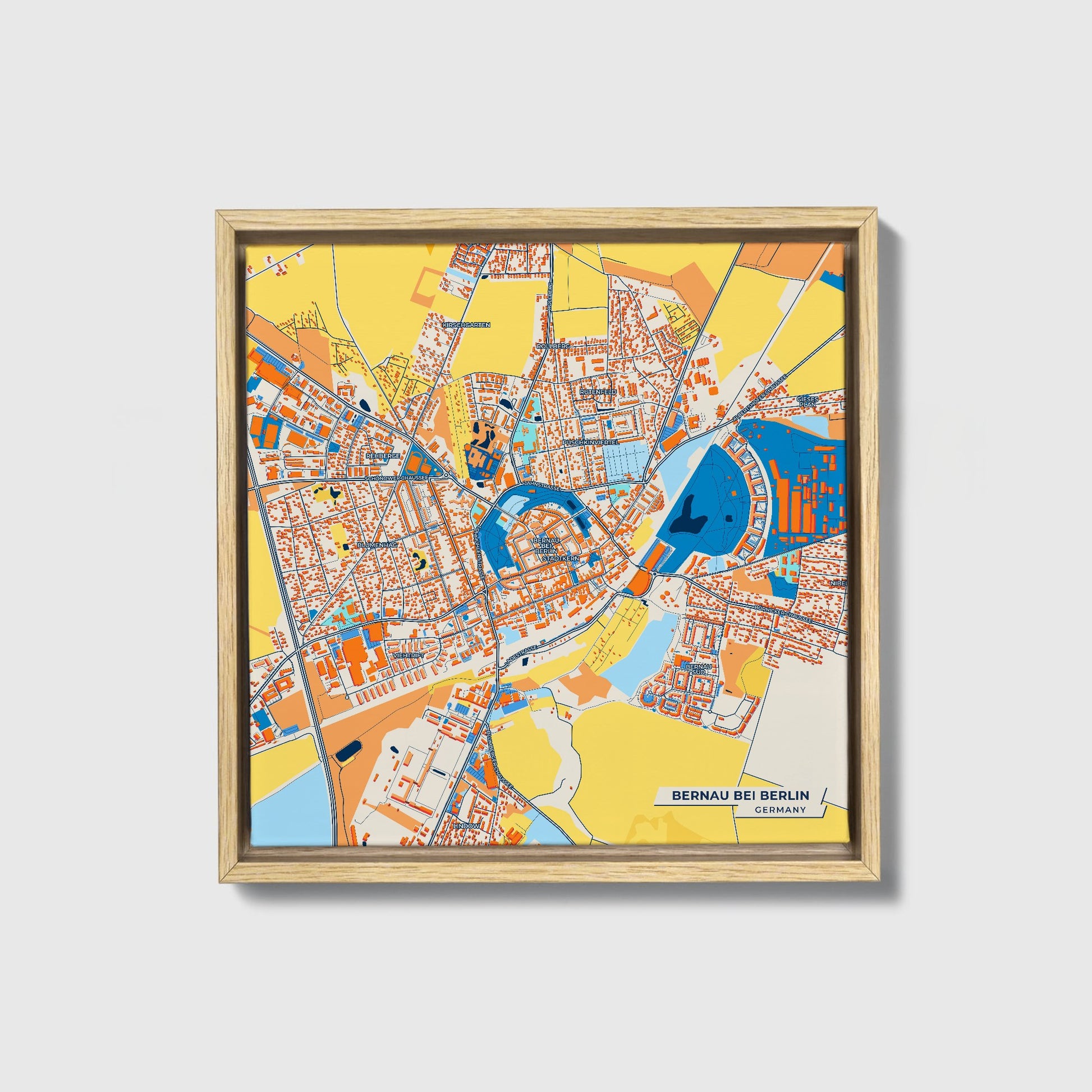 Bernau Bei Berlin Germany Colorful City Map Canvas Print • Natural Wooden Framed