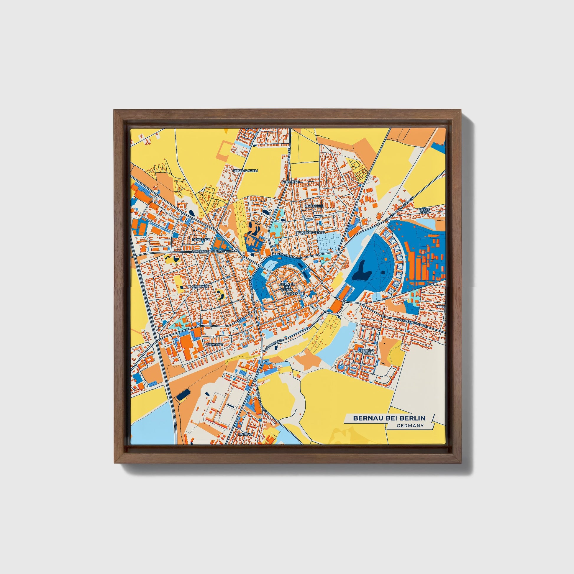 Bernau Bei Berlin Germany Colorful City Map Canvas Print • Dark Wooden Framed