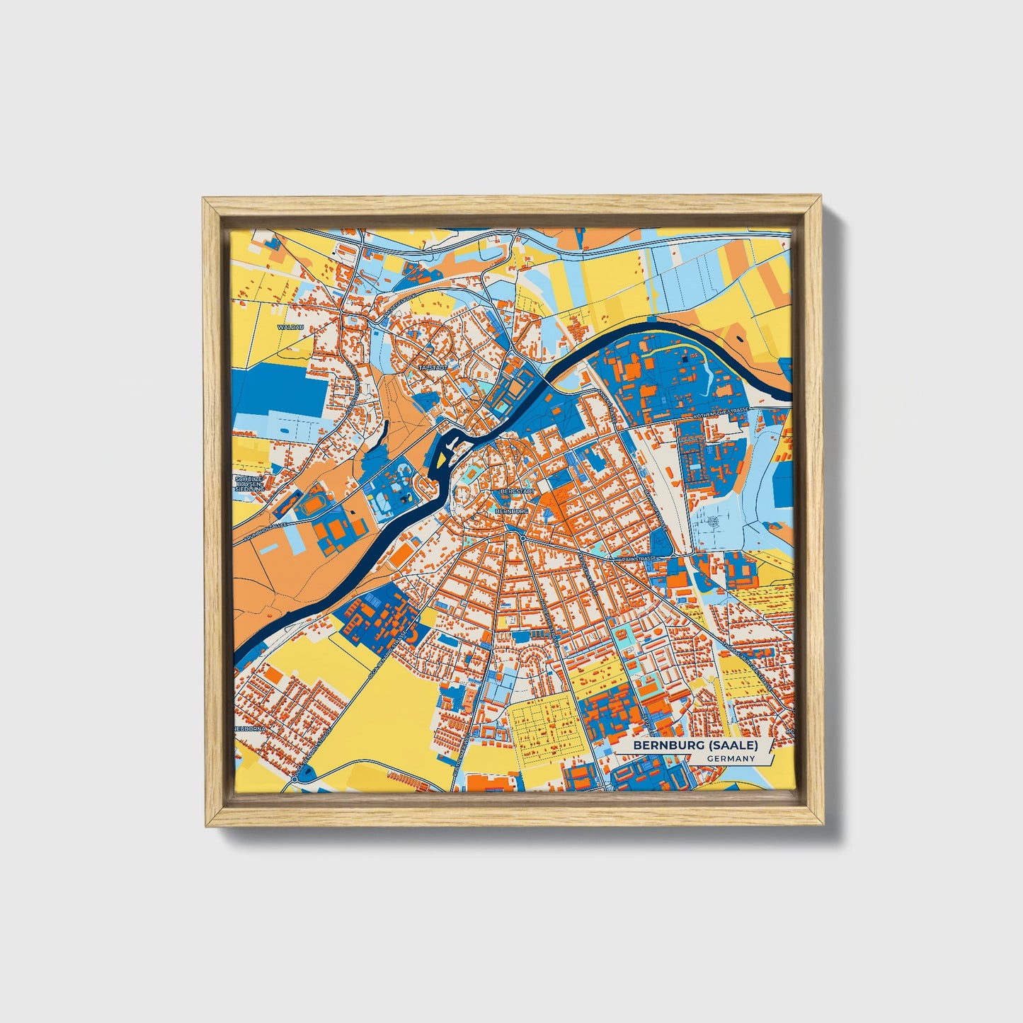 Bernburg (Saale) Germany Colorful City Map Canvas Print • Natural Wooden Framed