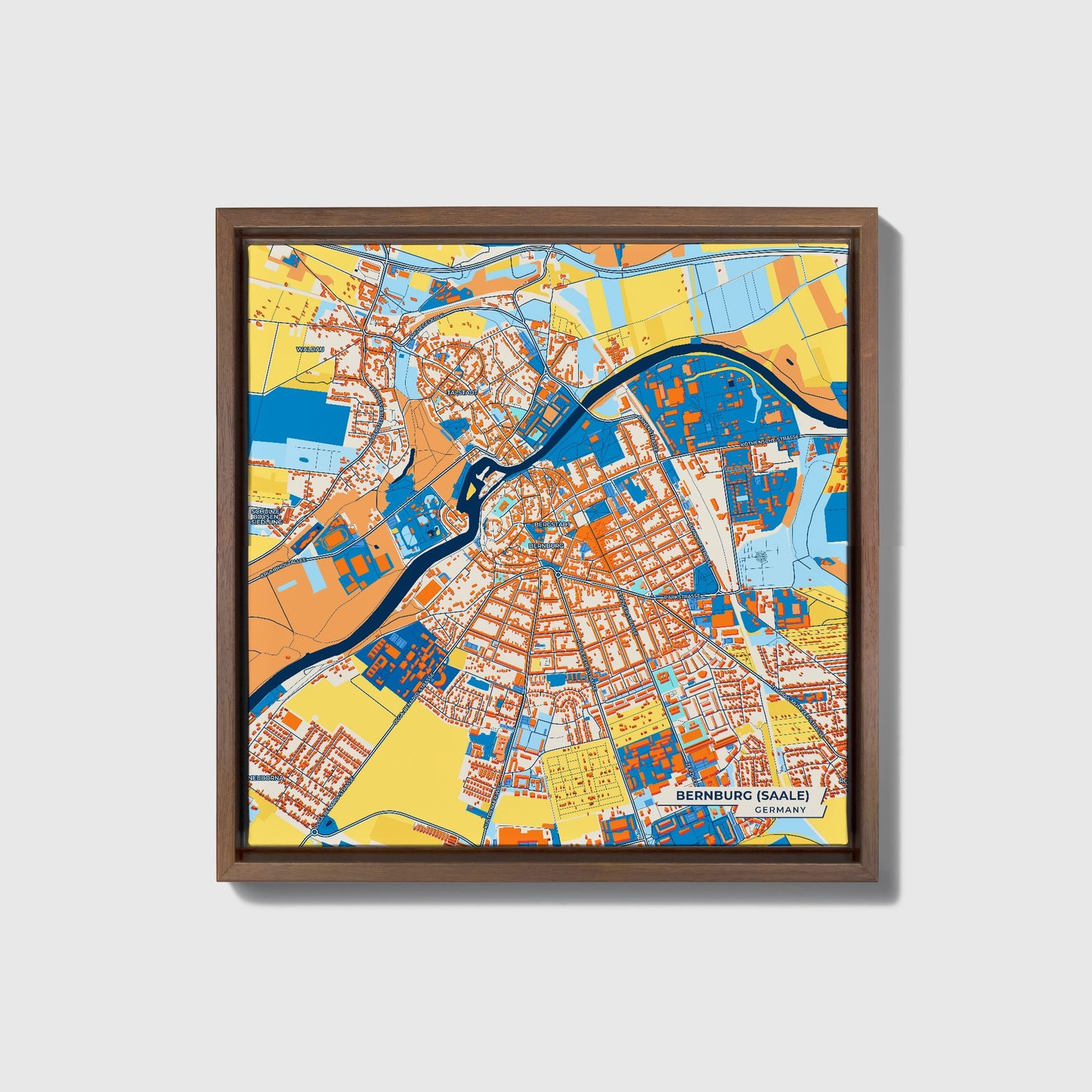 Bernburg (Saale) Germany Colorful City Map Canvas Print • Dark Wooden Framed