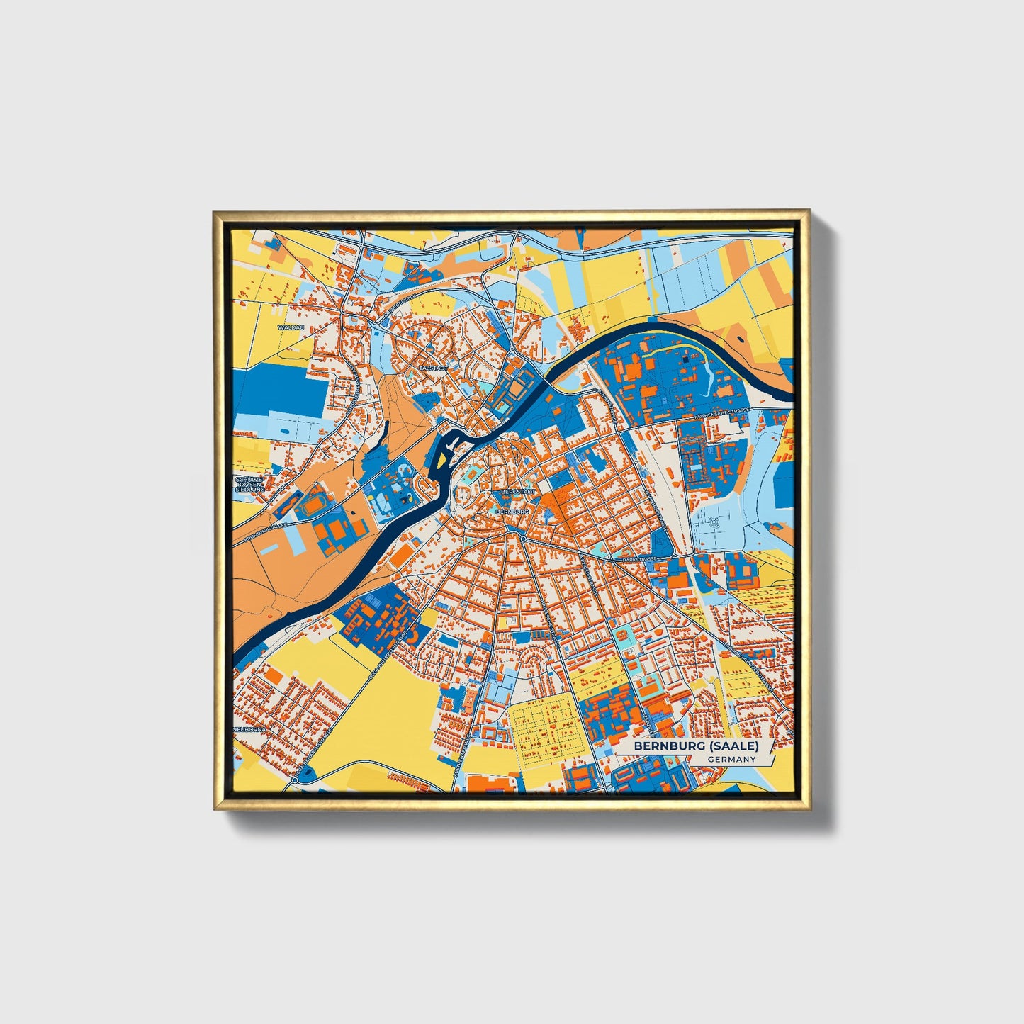 Bernburg (Saale) Germany Colorful City Map Canvas Print • Gold Framed