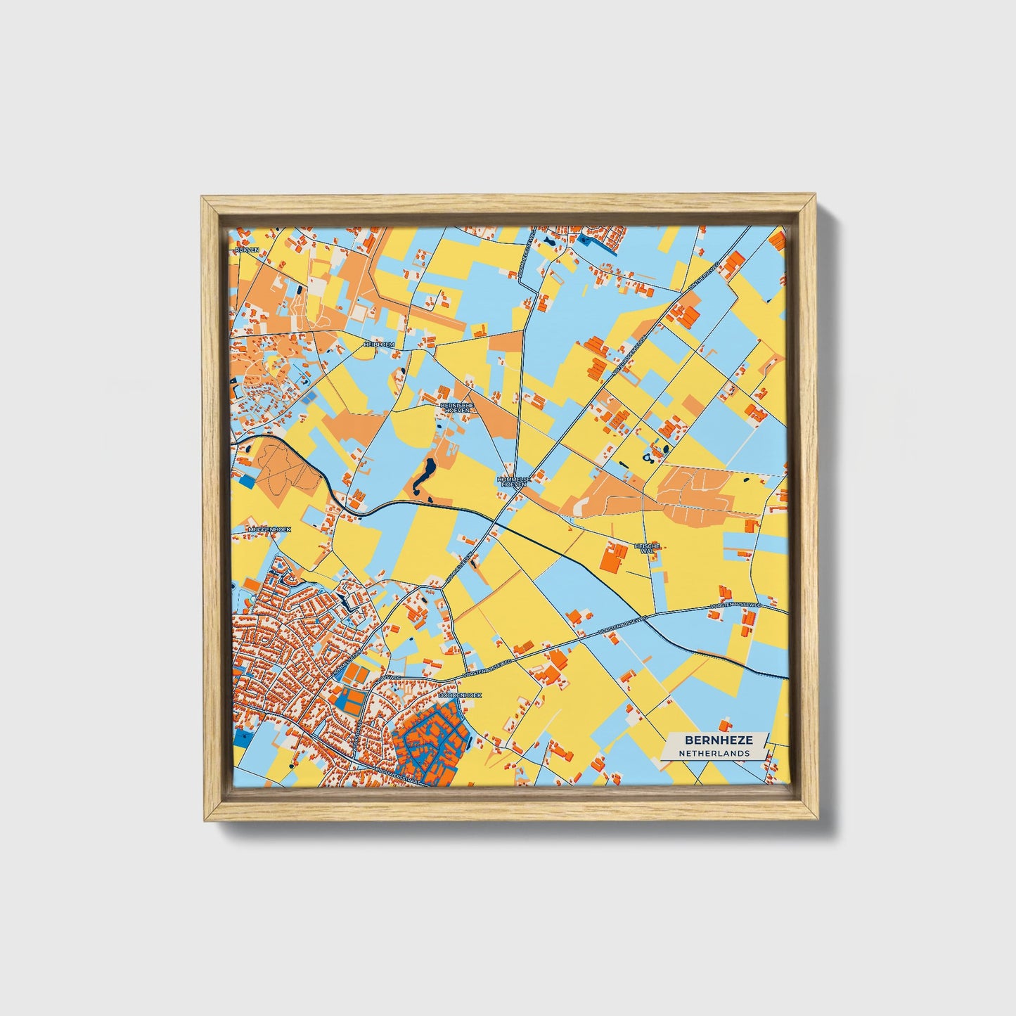 Bernheze Netherlands Colorful City Map Canvas Print • Natural Wooden Framed