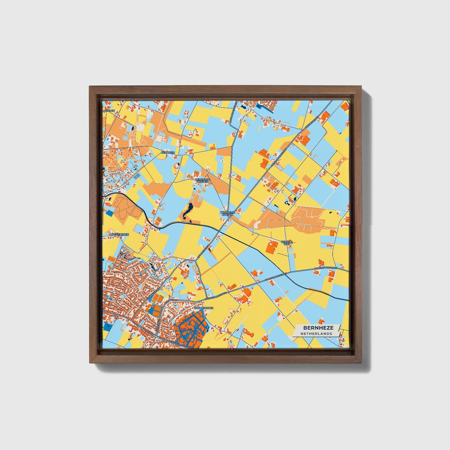 Bernheze Netherlands Colorful City Map Canvas Print • Dark Wooden Framed