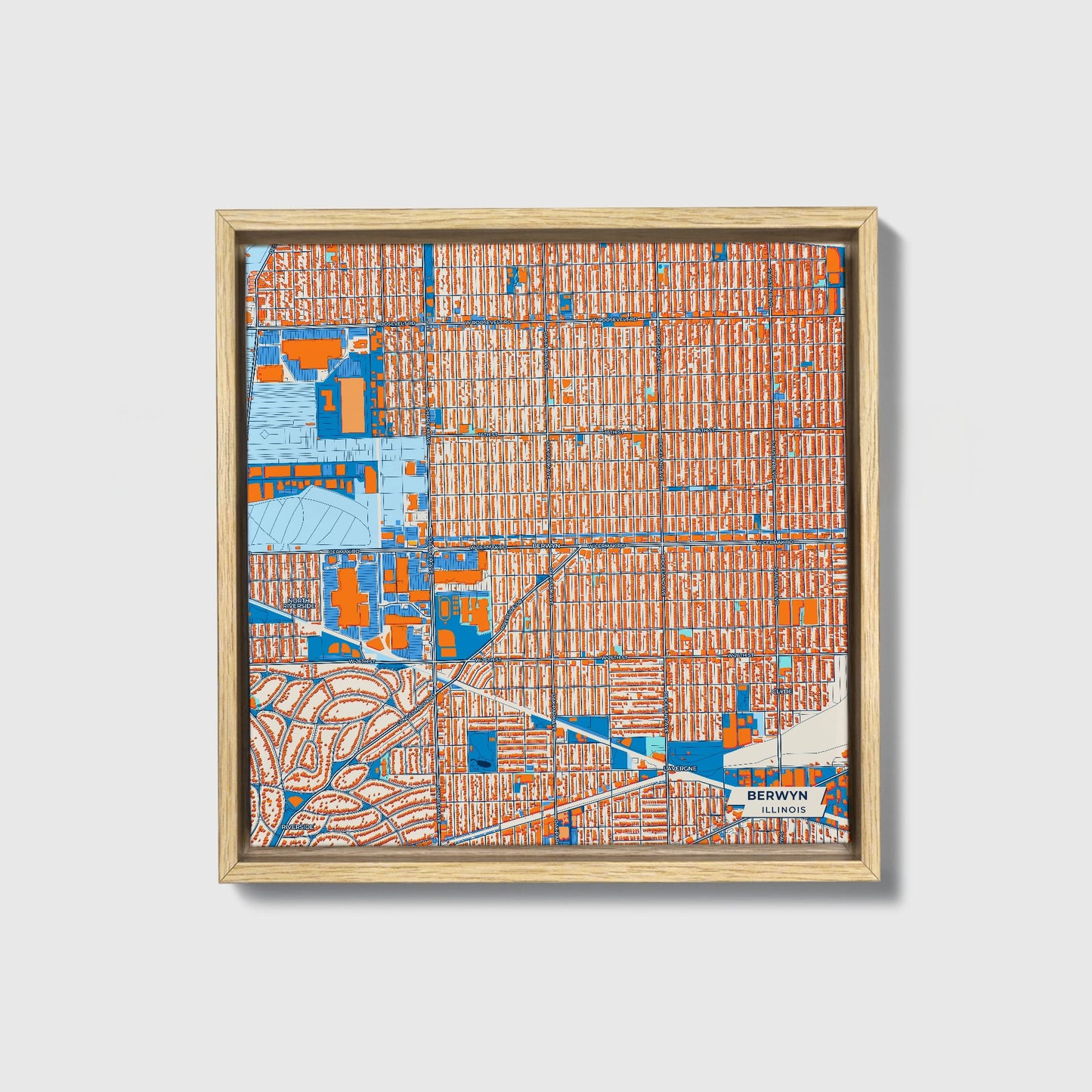Berwyn Illinois Colorful City Map Canvas Print • Natural Wooden Framed