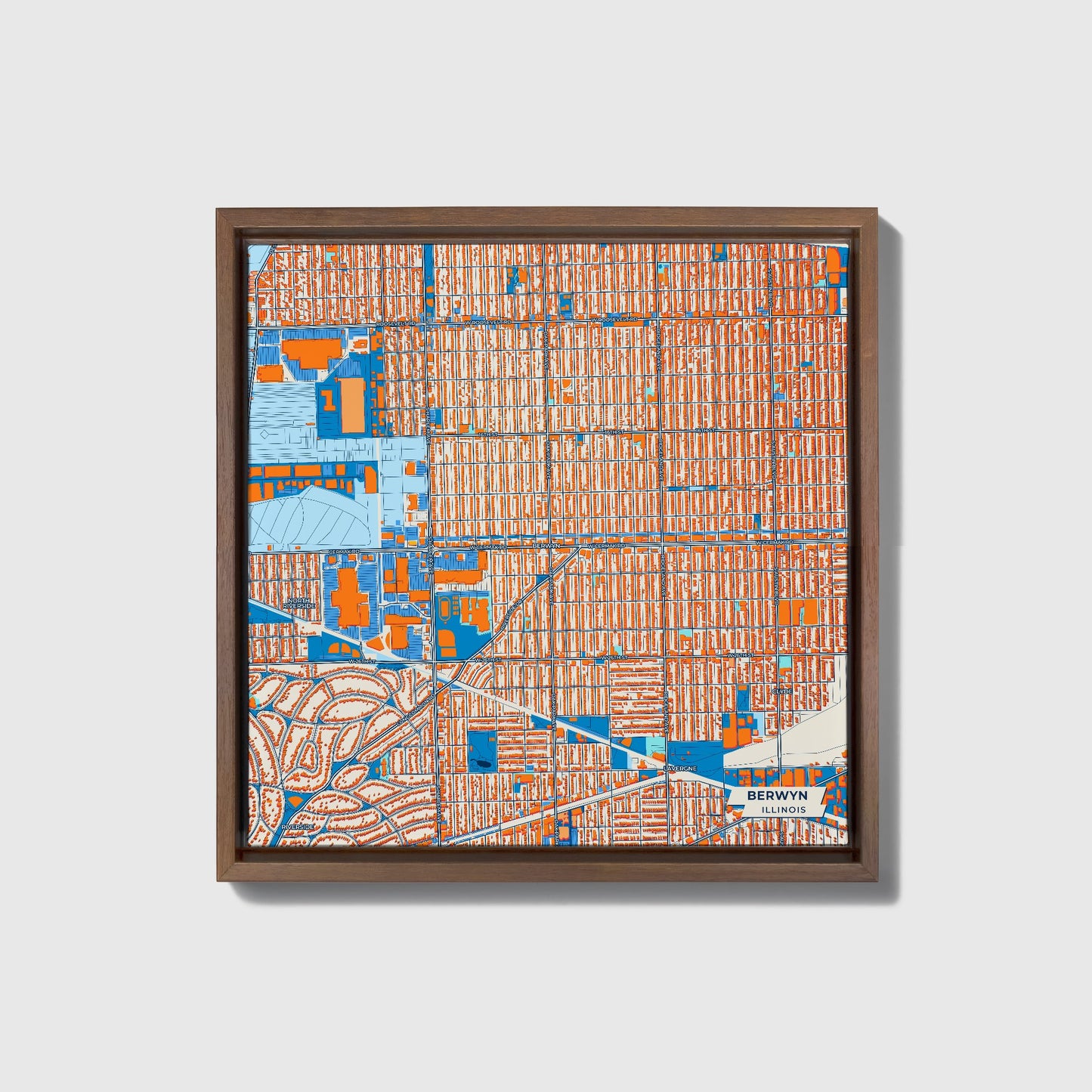 Berwyn Illinois Colorful City Map Canvas Print • Dark Wooden Framed
