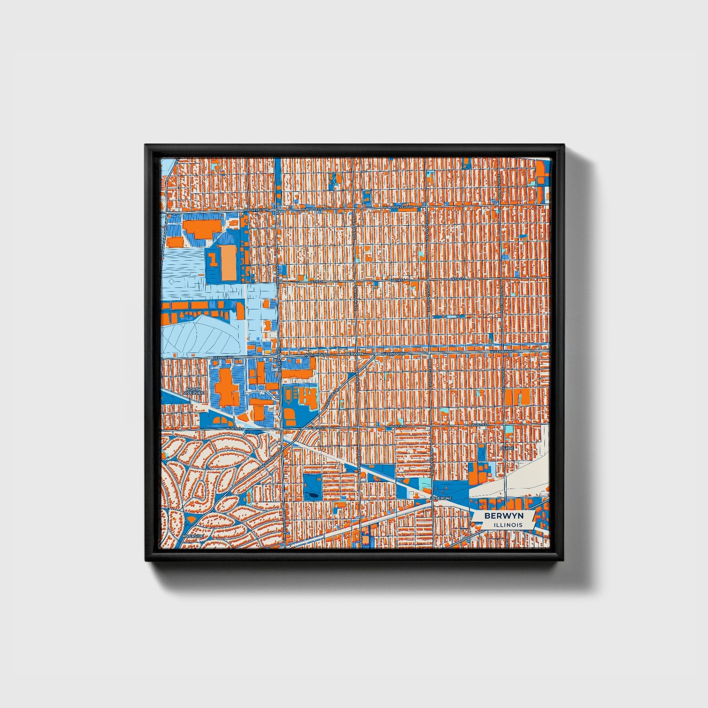 Berwyn Illinois Colorful City Map Canvas Print • Black Framed