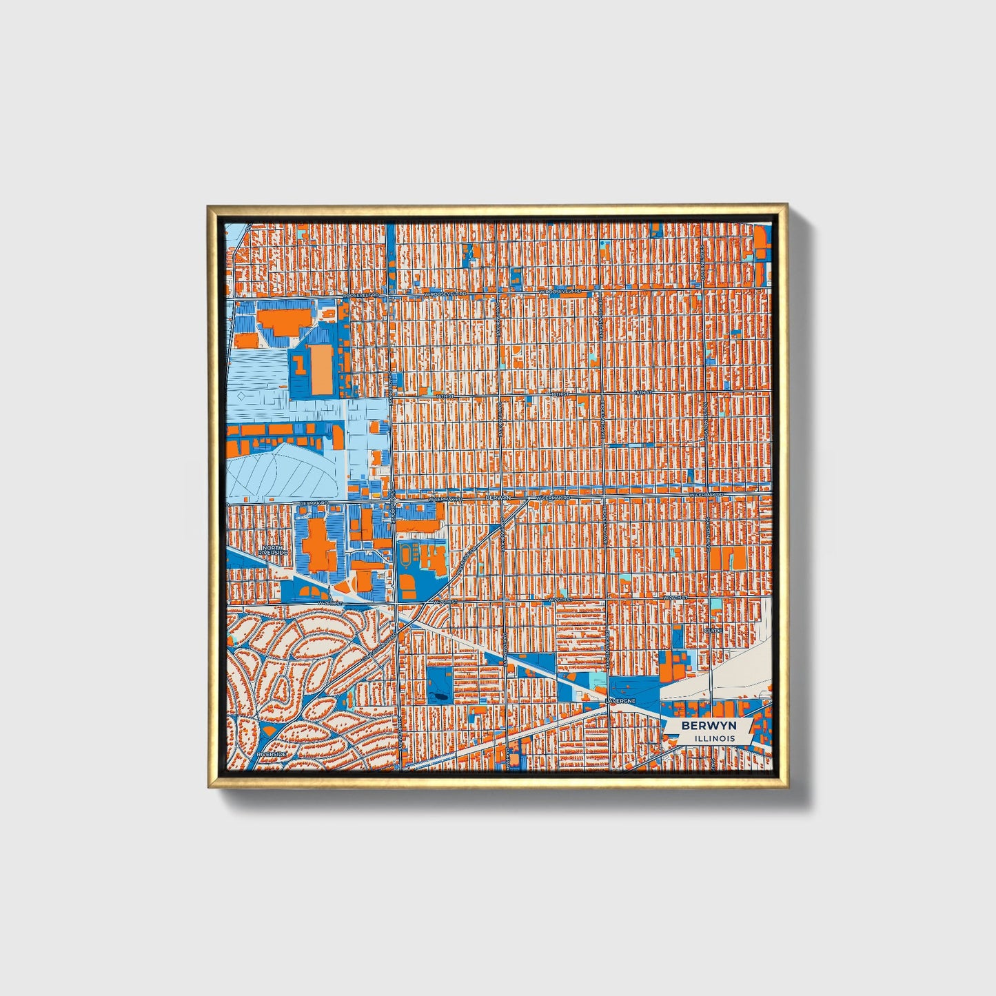 Berwyn Illinois Colorful City Map Canvas Print • Gold Framed