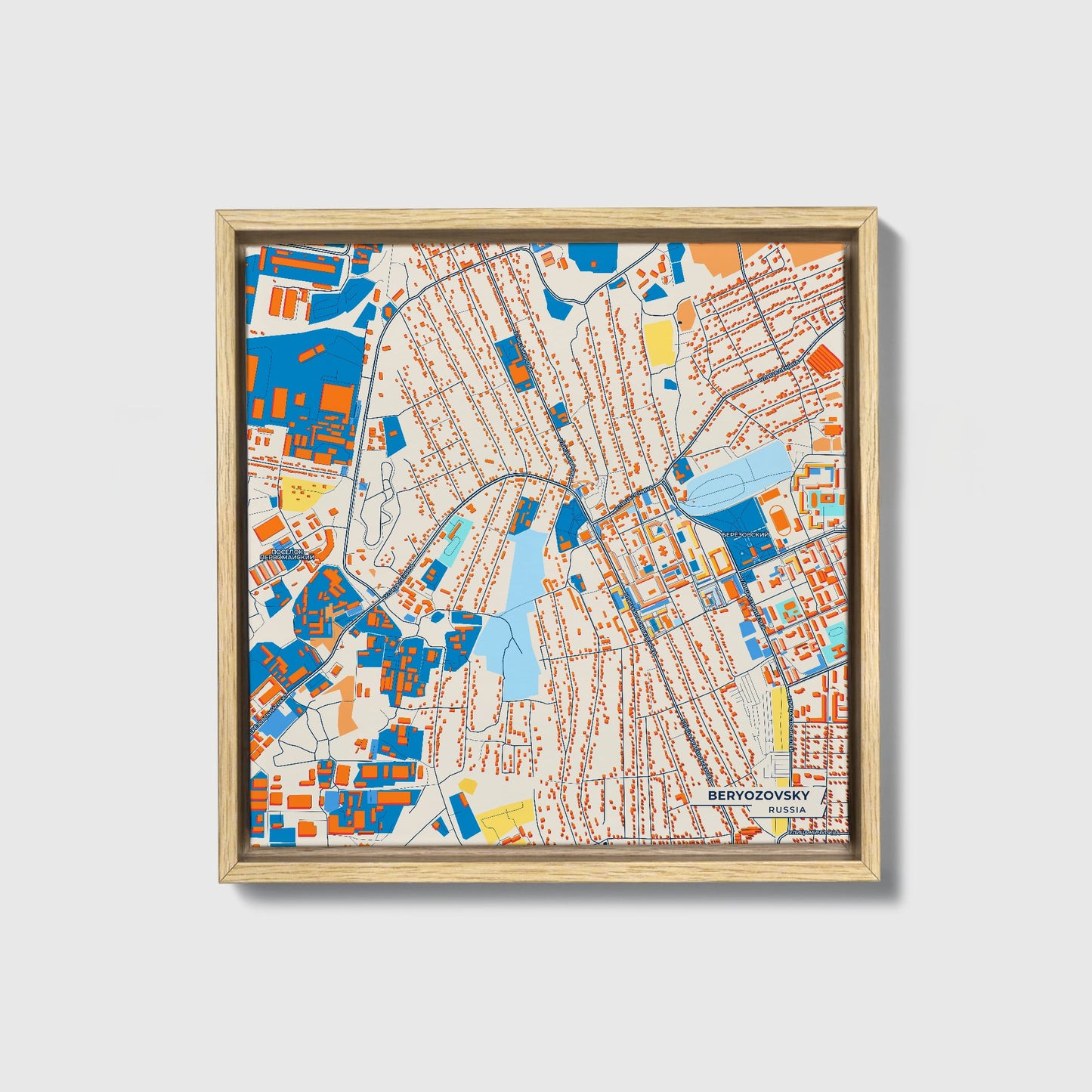 Берёзовский Russia Colorful City Map Canvas Print • Natural Wooden Framed