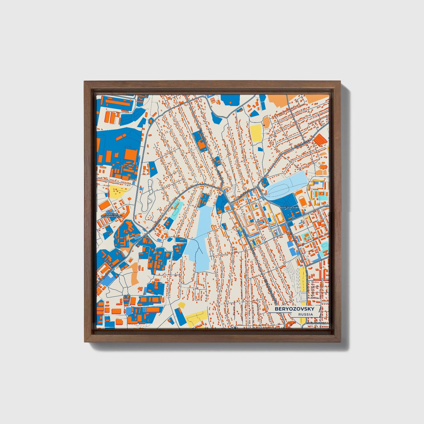 Берёзовский Russia Colorful City Map Canvas Print • Dark Wooden Framed